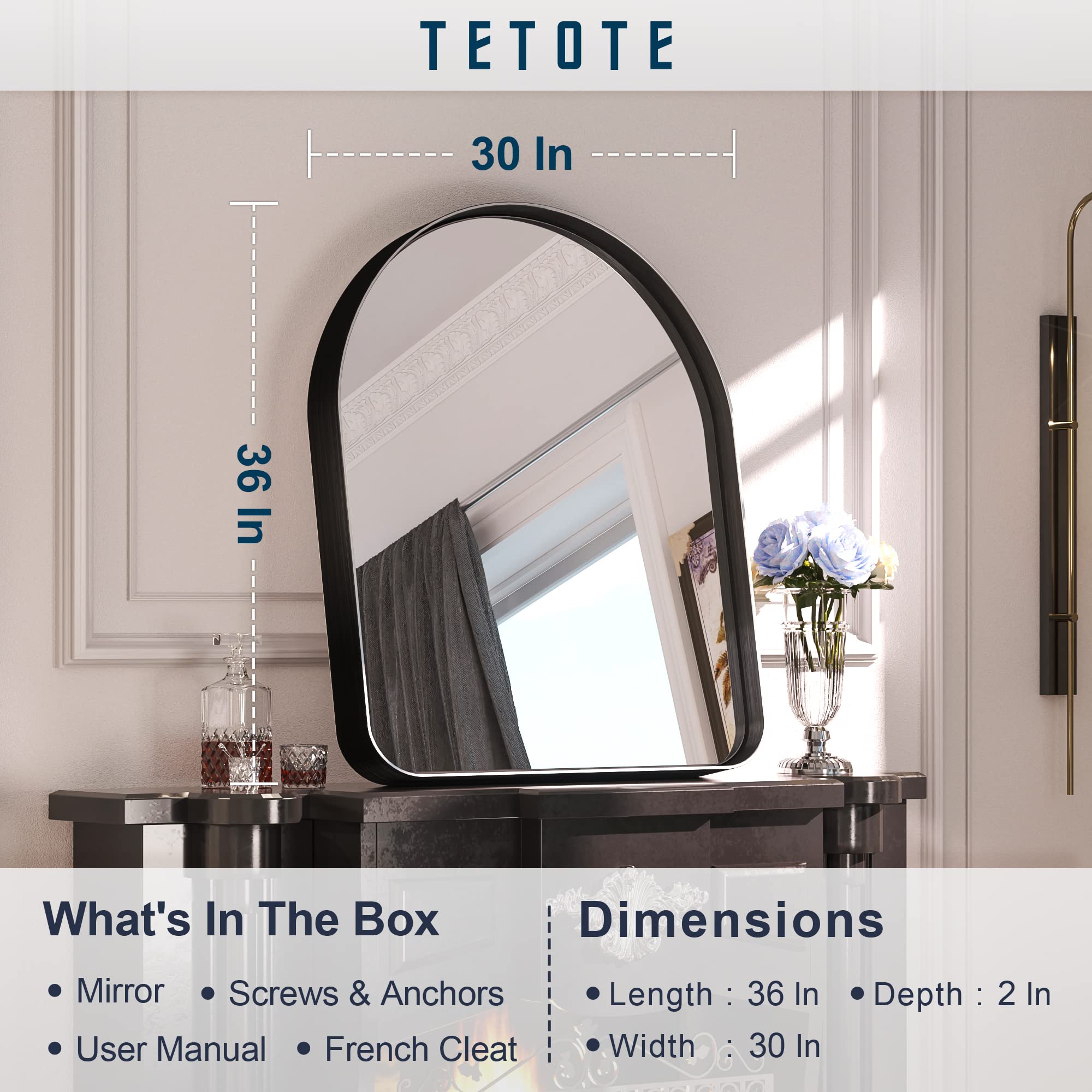 TETOTE Black Arched Mirror for Bathroom, 30x36 Wall Mounted Vanity Mirror, Matta Black Metal Framed Farmhouse Mirrors for Makeup, Decorative Shatterproof Mirror for Bedroom Entryway, Fireplace