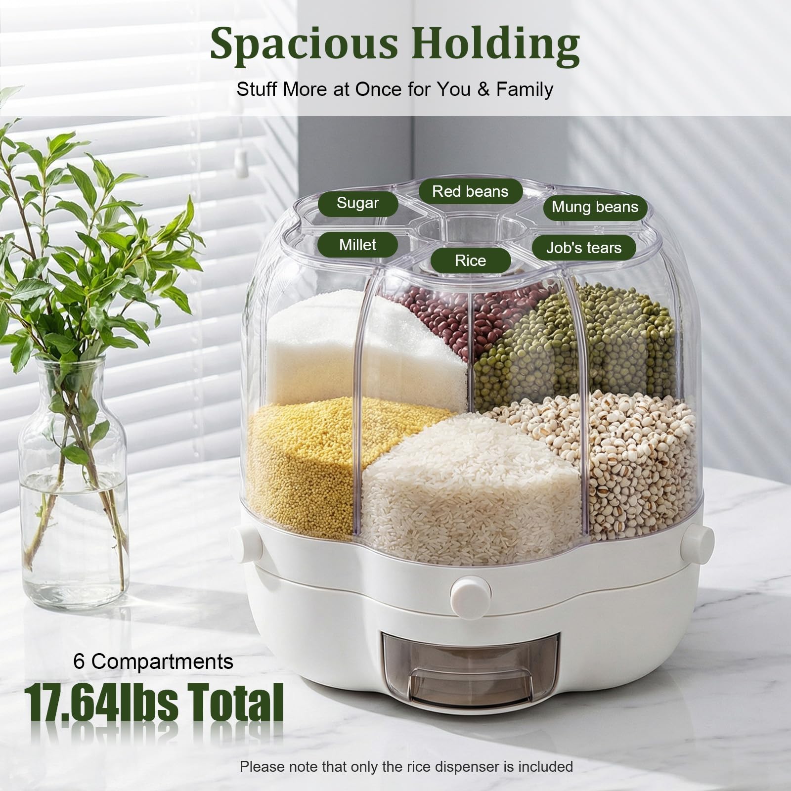 Distributeur de céréales, distributeur de riz rotatif, 6 compartiments, distributeur de céréales rotatif à 360°, pour stocker les aliments secs, récipient à céréales, distributeur de riz, pour tous