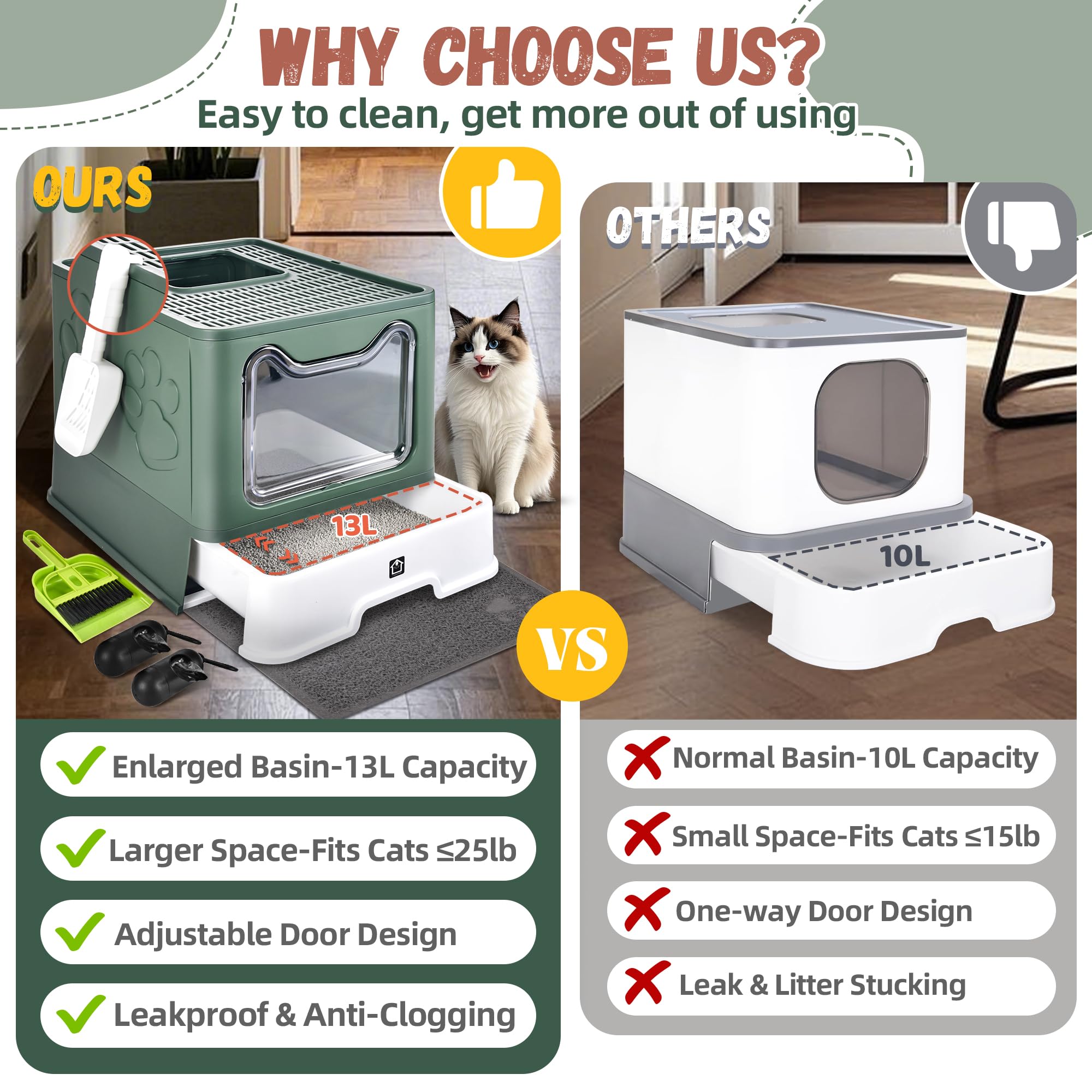 Caja de arena para gatos cerrada con tapa, orinal plegable, tipo cajón, caja de arena extra grande con alfombrilla, libre de gatitos dentro y fuera/unidireccional, control de olores, antisalpicaduras