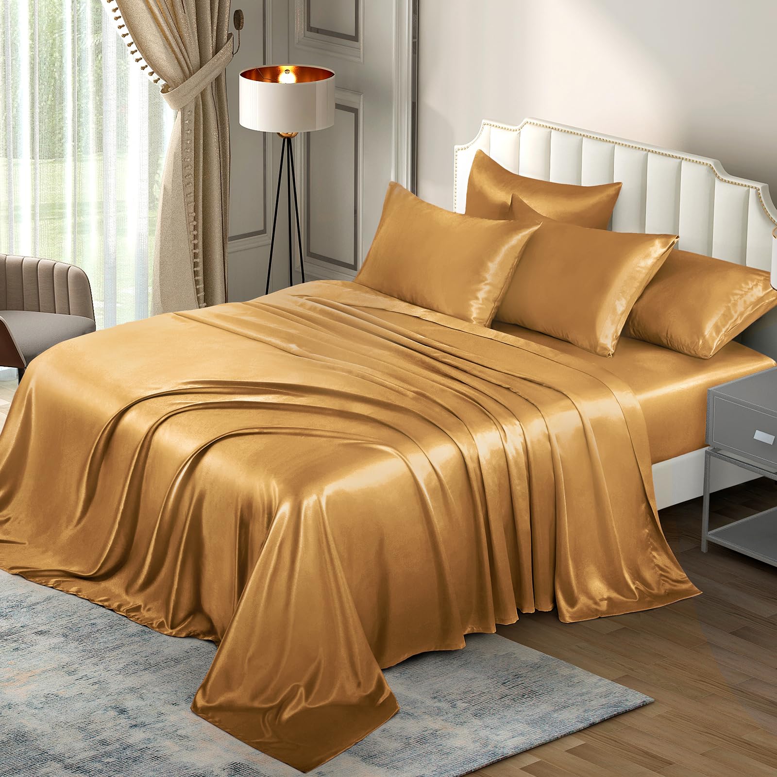 P Pothuiny 6-Piece Queen Satin Sheet Set Rich Gold Silky Sheets