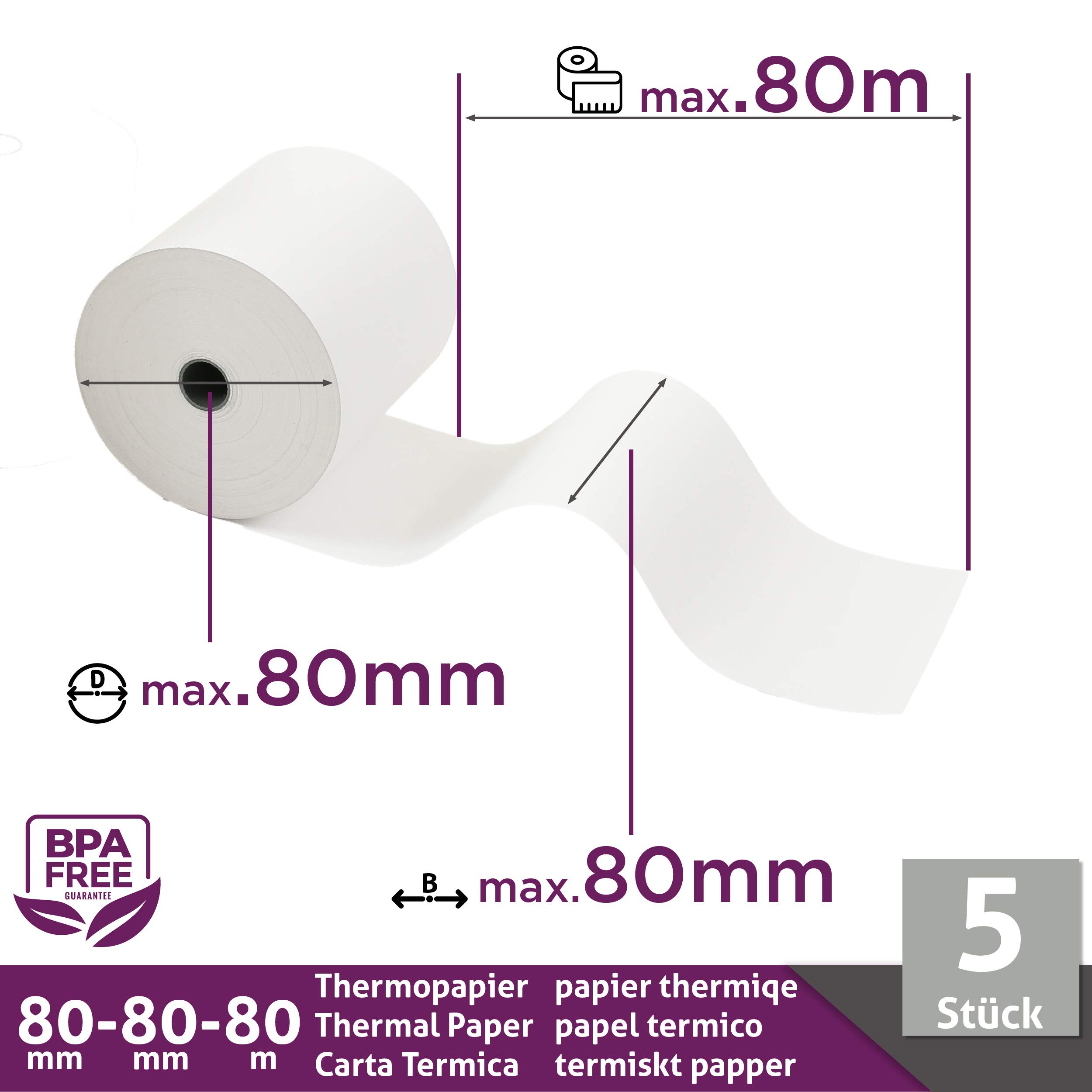 LYNNE - Rouleau Thermique 80x80x12 - Bobine 80x80 pour imprimante - Rouleau imprimante thermique 80mm x 80m x 12mm - Sans BPA - [5x]