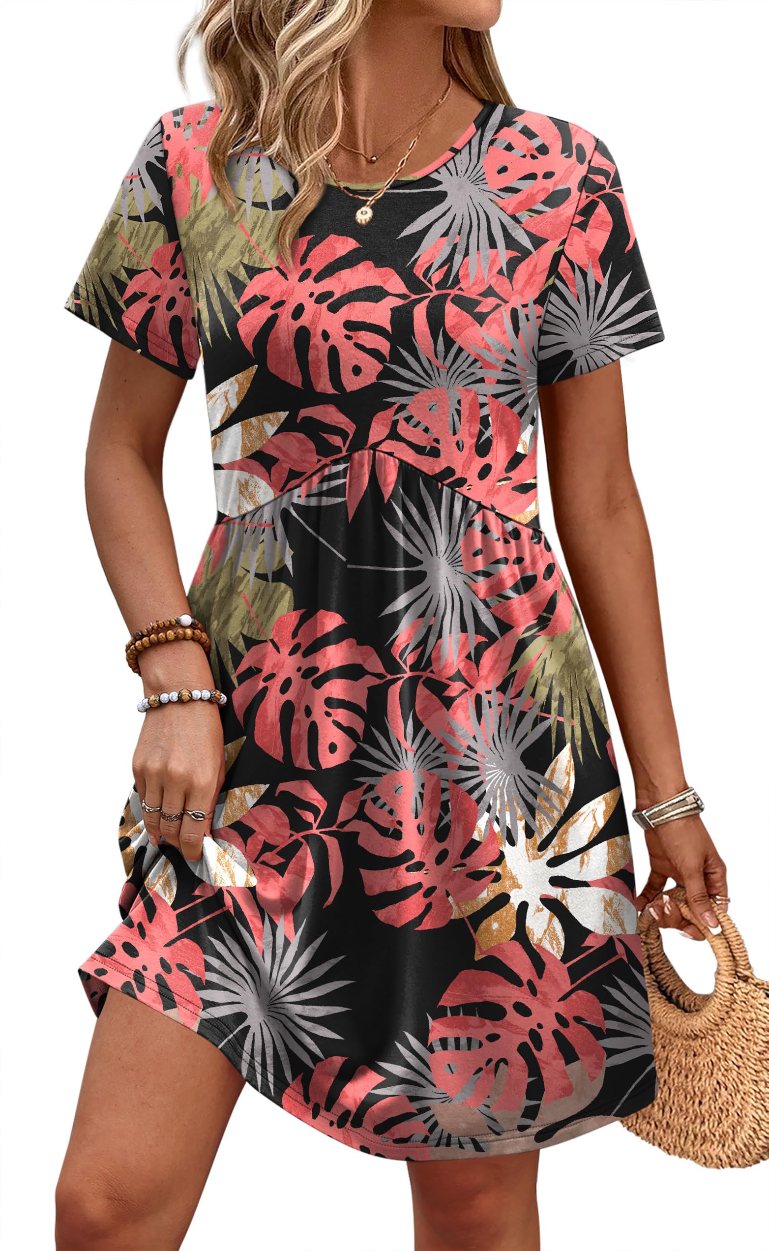OFEEFAN Spring Dresses for Women 2026 Short Sleeve Crew Neck Casual Dresses Empire Waist Maternity Dress with Pockets