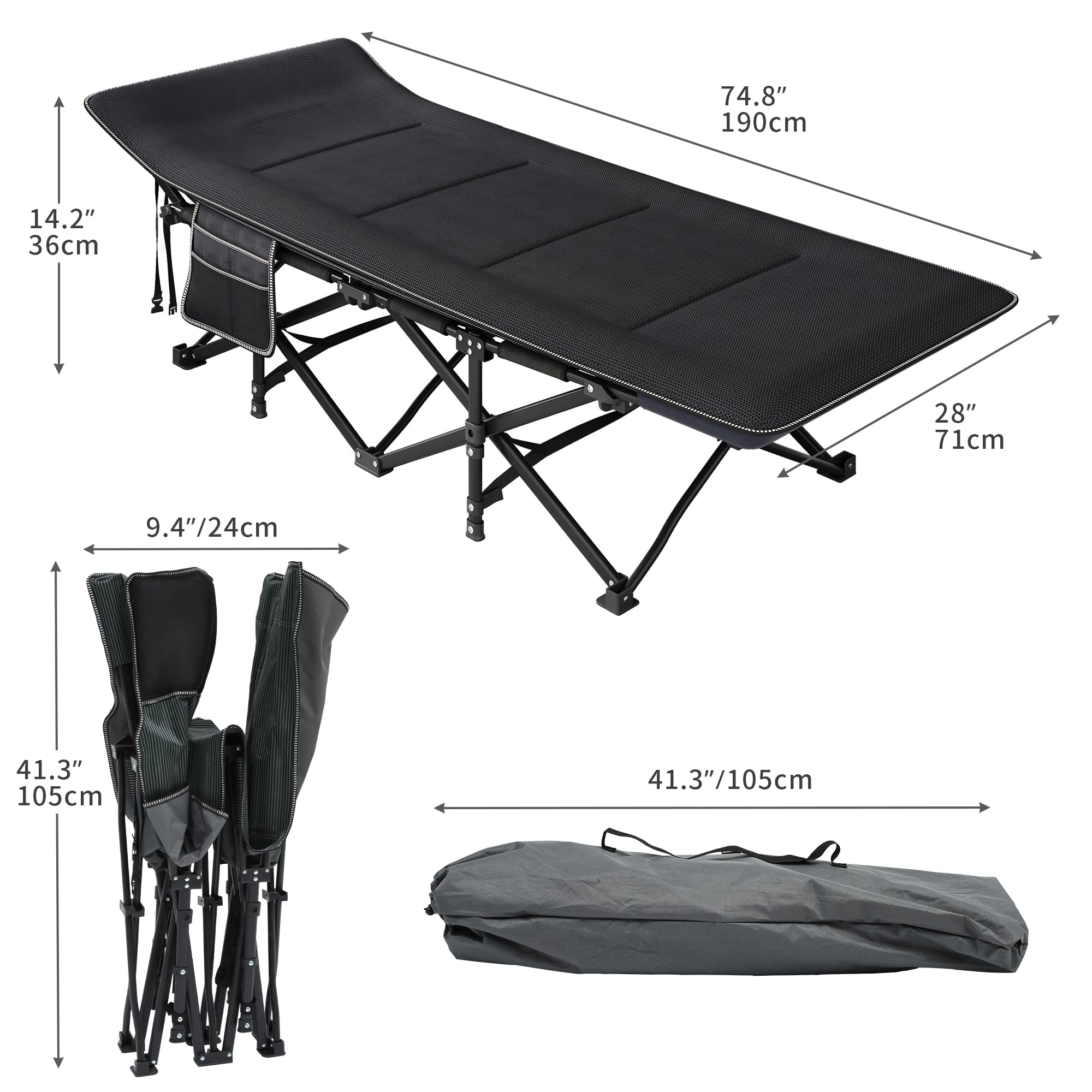 YITAHOME Brandina da Campeggio Pieghevole con Materasso Traspirante, Lettino da Campeggio Robusti e Resistenti, Letto da Campeggio Comodo con capacità di 250 kg per Viaggi/Ufficio/All'Aperto, Nero