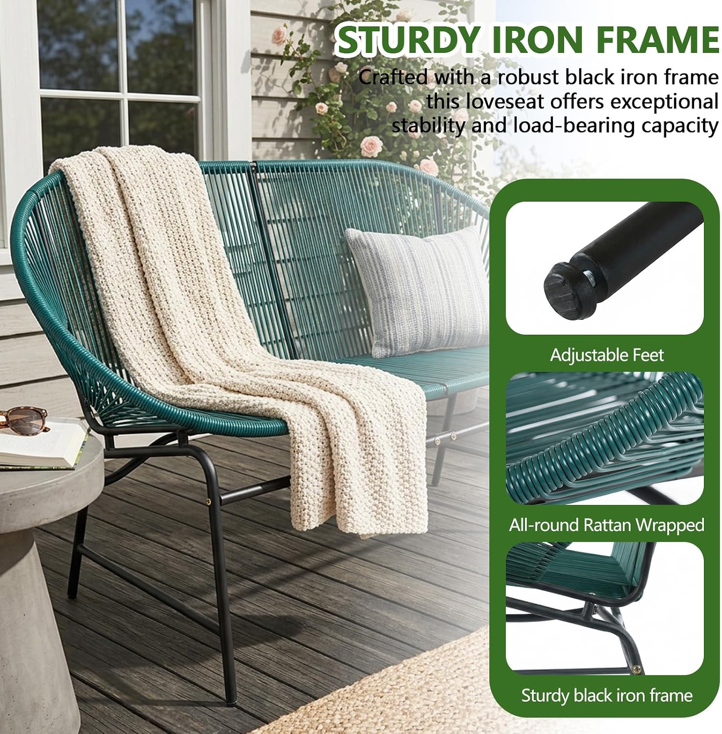 Outdoor Wicker Loveseat, PE Rattan Oval Sofa with Robust Iron Frame, All Weather 2-Seater Green Wicker Sofa for Garden Porch Backyard (Teal)