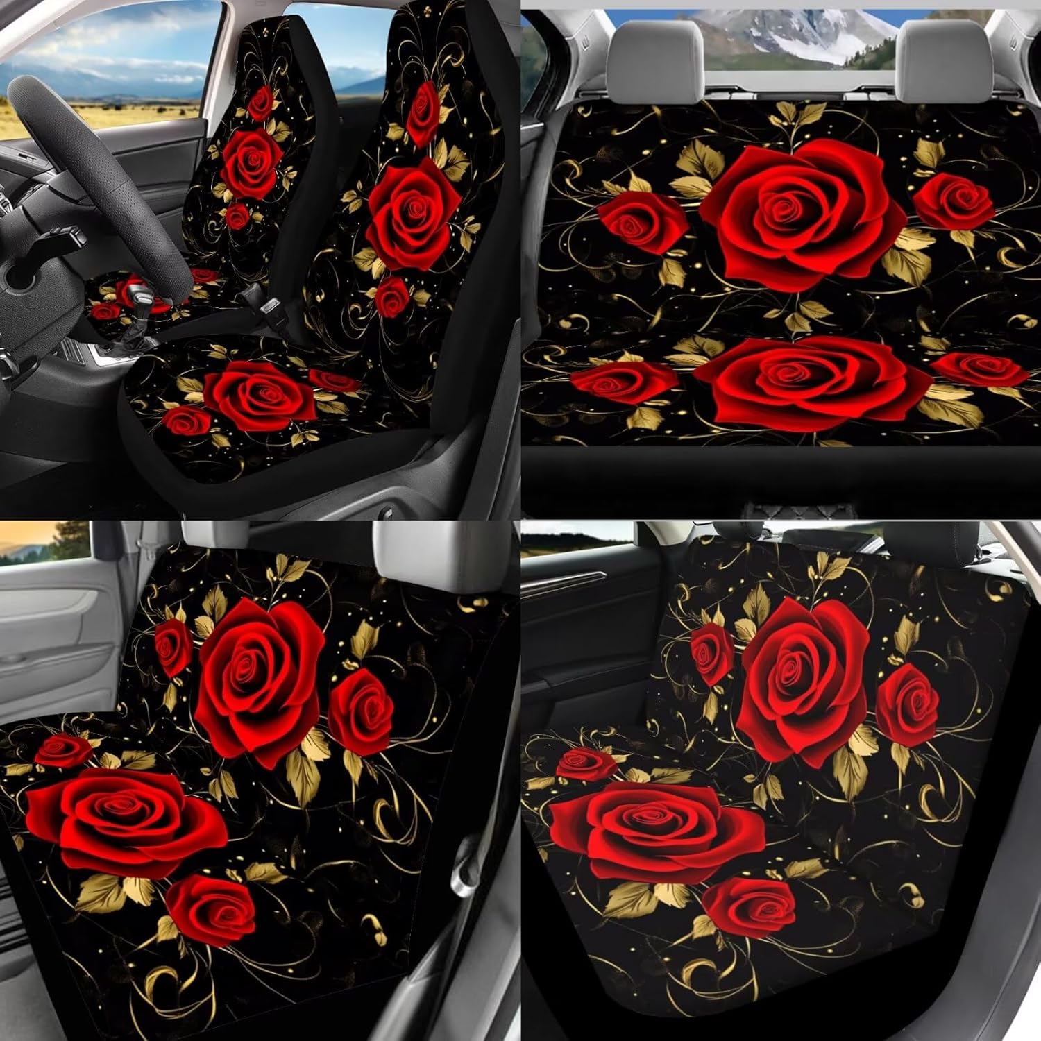 Romantic Rose Car Seat Cover Full Set for Women Auto Interior Seat Protector 17 Pack Vintage Hippie Rose Headrest Pillow Covers Automotive Cans Organizer Keychains Armrest Pad Cup Holder
