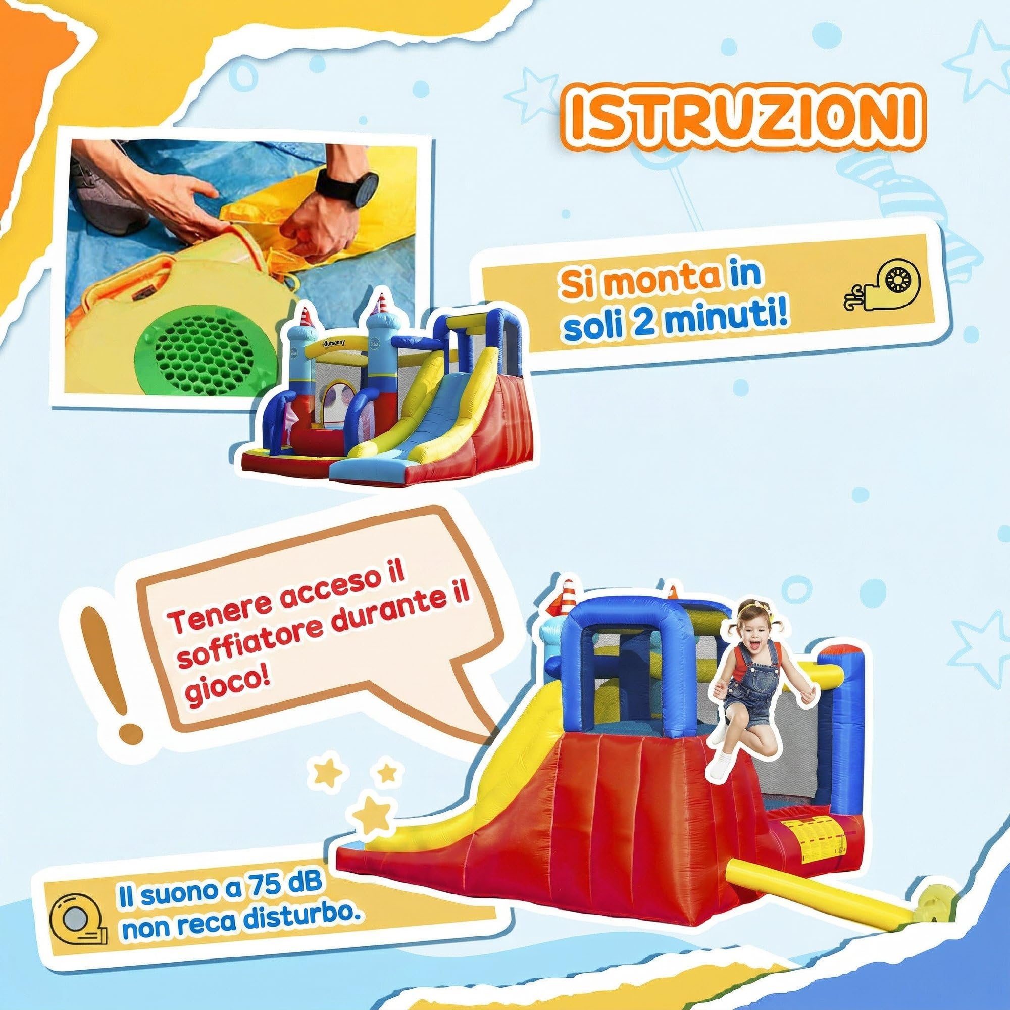 Outsunny Castello Gonfiabile 4 in 1 per Bambini 3-8 Anni, 265x260x200cm | Trampolino, Scivolo, Piscina, Parete da Arrampicata, Borsa Trasporto, Parco Acquatico Gonfiabile per Giardino, Gonfiatore