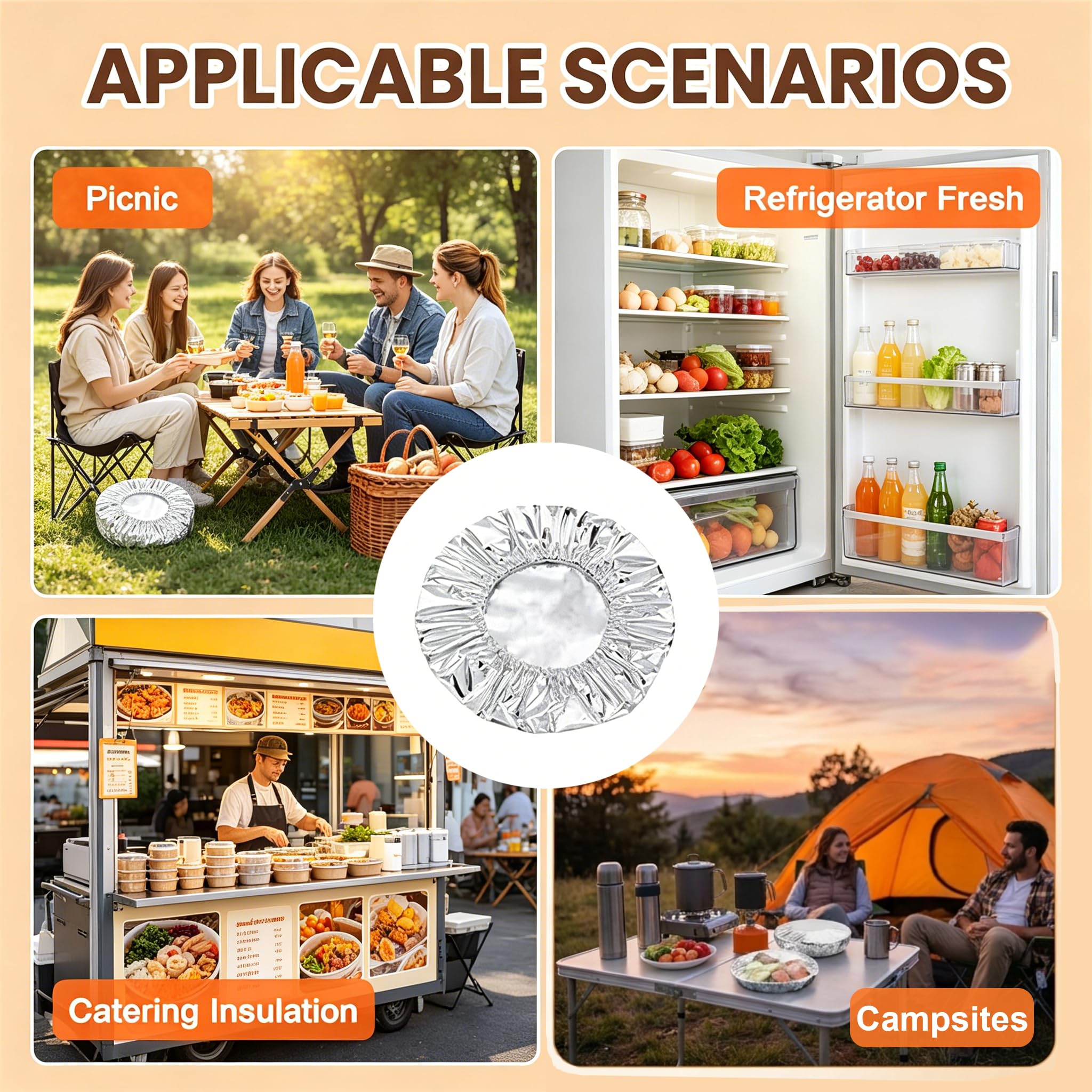 JIEBAO 100 Stück Isolierabdeckung aus Aluminiumfolie, Wiederverwendbare Frischhaltefolie, Elastische Frischhaltefolie mit Gummizug, Hitzebeständig Frischhaltefolie für Küche Restaurants