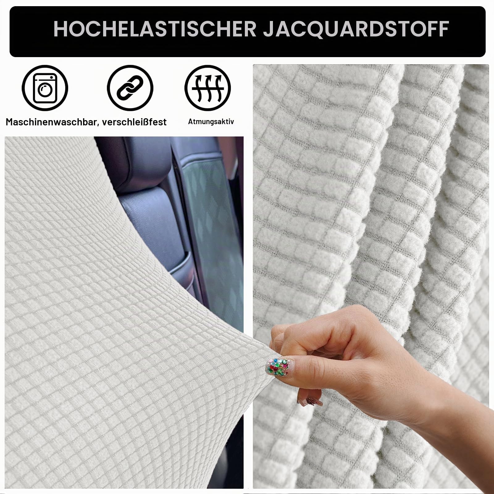 Jacquard Universal Autositzbezüge, Maschinen Waschbares Elastischer Auto Schonbezug Vordersitz Set, rutschfeste Sitzbezug Auto Vordersitze (White,Set of 2)