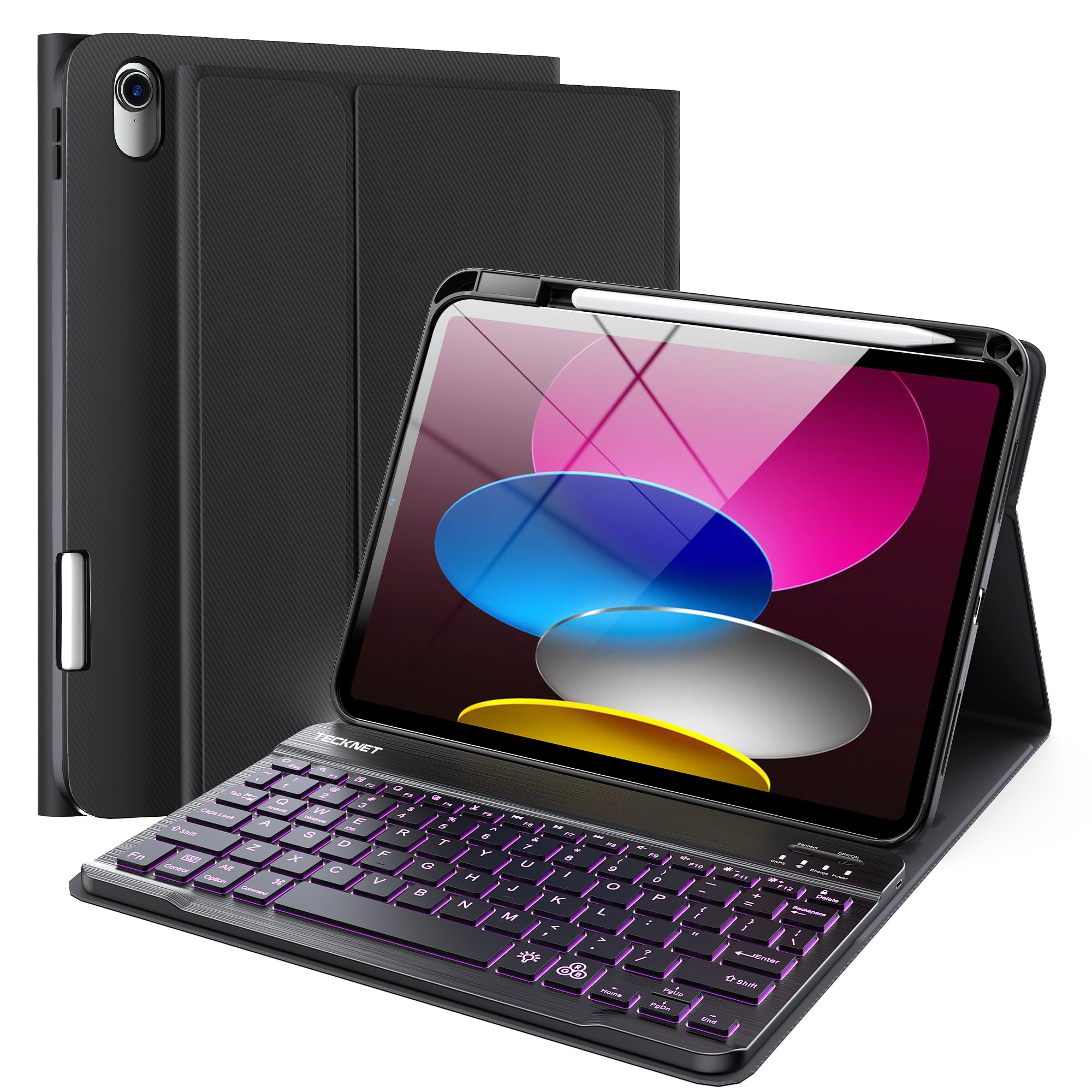 TECKNET for iPad A16 11th/10th Generation Case with Keyboard, 7 Color Backlight, Detachable Wireless Bluetooth Keyboard Case with Pencil Holder for
