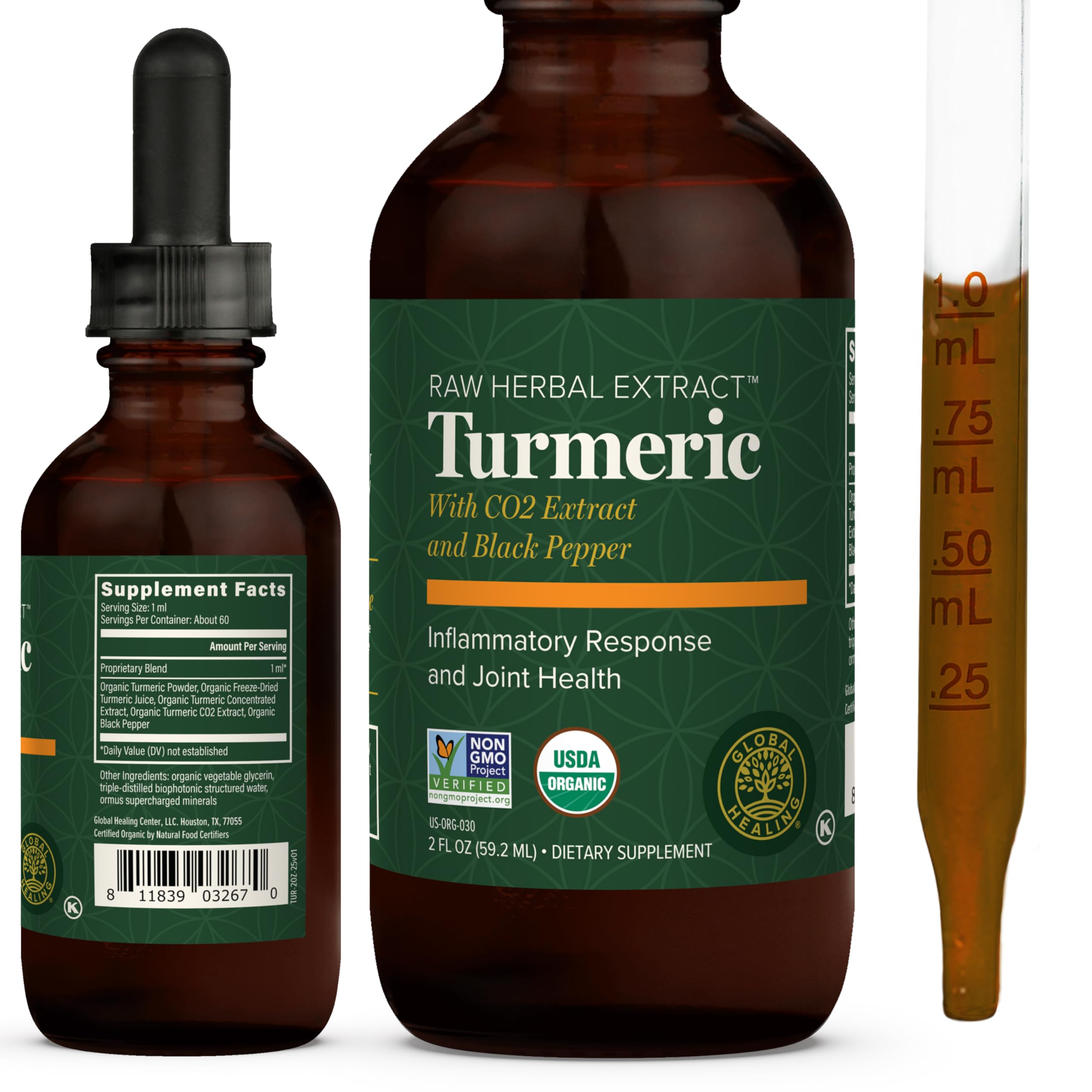Global Healing Organic Turmeric Curcumin Supplement with Black Pepper Extract Liquid Drops to Support Joint Mobility Relief and Digestive Health Multi Turmeric Supplement- 2 Fl Oz