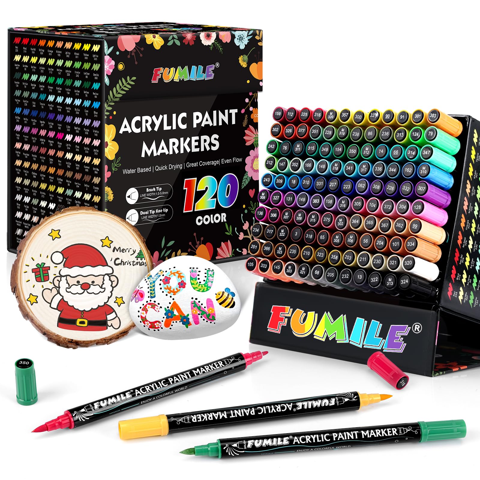 FUMILE 120 Colors Acrylic Paint Markers Dual Tip Fine and Brush Tip Acrylic Paint Pens paint Marker for
