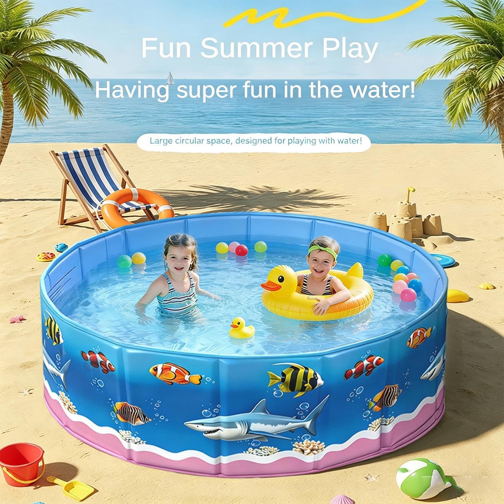 Generisch Kinderplanschbecken Runder Hartschalenpool mit Meeresmotiv-Druck | Faltbarer Cartoon Wasserspaß Pool Ohne Aufblasen Sommerbadespaß Für Und Hunde Im Freien