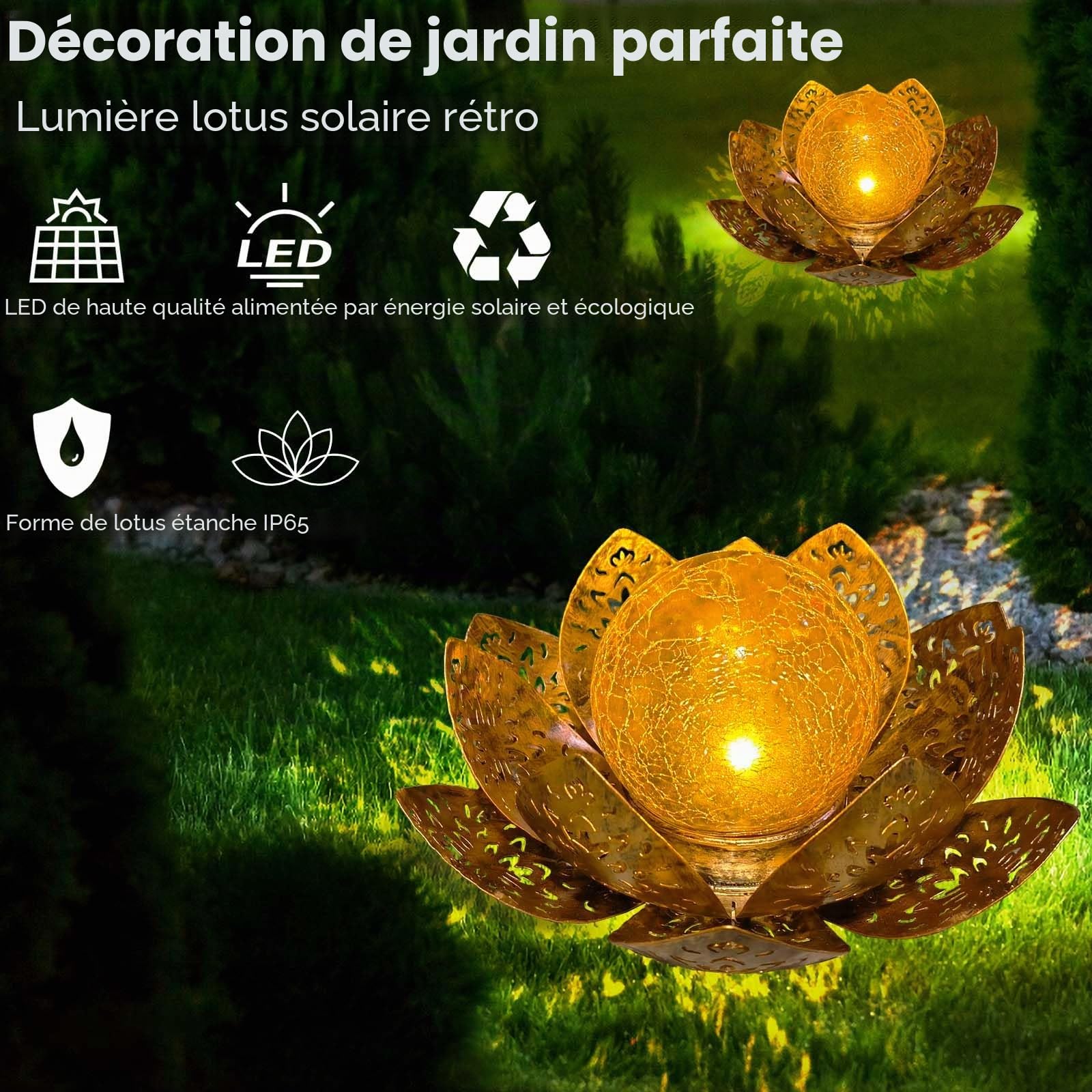 Lampe Solaire Exterieur Lotus Décoration de Jardin Deco Jardin Exterieur Lumière Chaude Jardin Lampe Solaire LED pour Chemin de Pelouse, Patio, Balcon