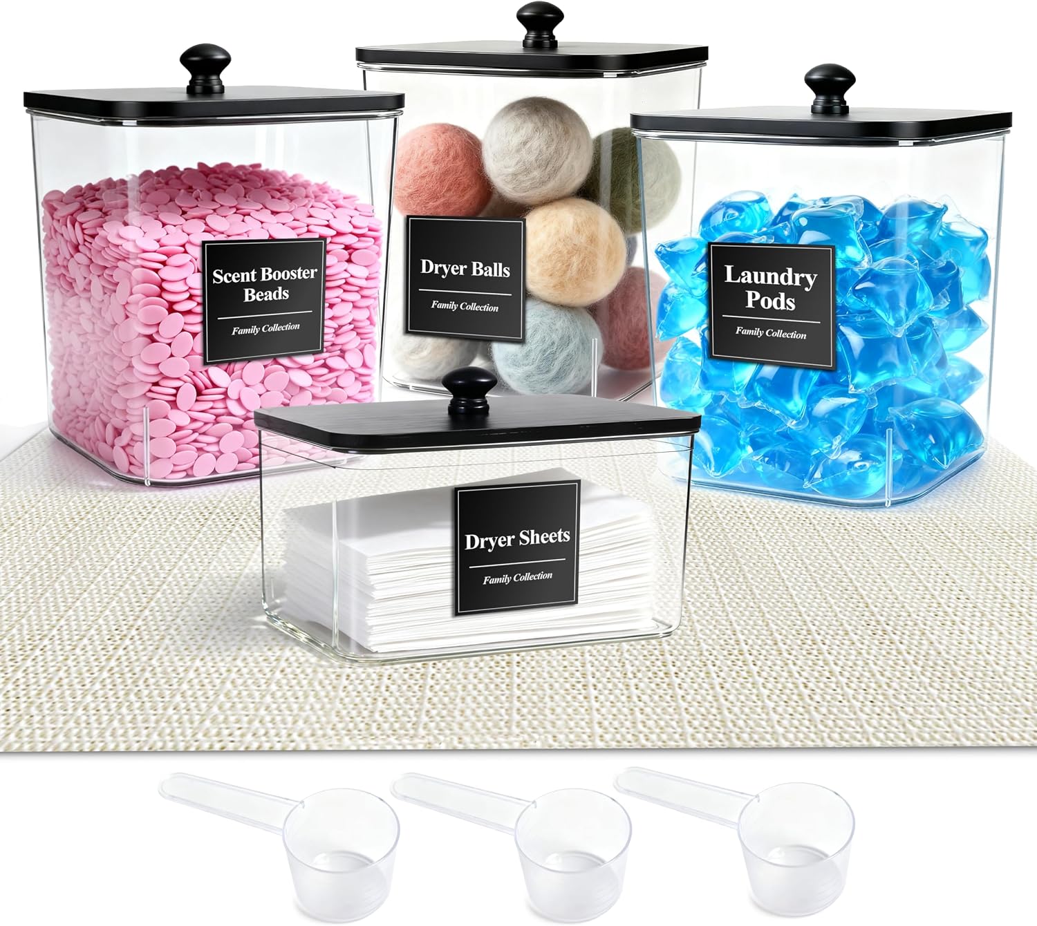 4 Pack Laundry Pods Container with Anti-slip mat, Clear Dryer Sheet Holder, Laundry Room Organization Containers with Black Wooden Lids & Labels, Laundry Detergent Holder for Scent Booster