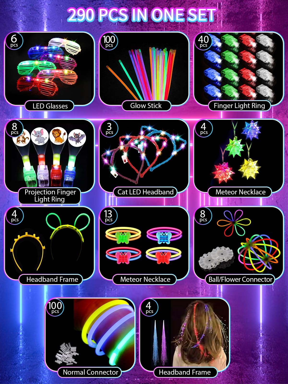 JOJUJB 290PCS Glow in the Dark Party Supplies for Kids Adults,Light Up Party Favors with Light Up Toy Glasses,100 Glow Sticks Bulk Party Pack DIY Glow Necklaces,Bracelets