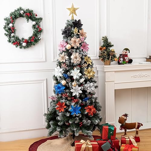 Miniatura 7 de 24 adornos de árbol de Navidad de Pascua con purpurina de oro rosa y tallos de bayas con purpurina, 16 flores artificiales de Navidad y 8 piezas de