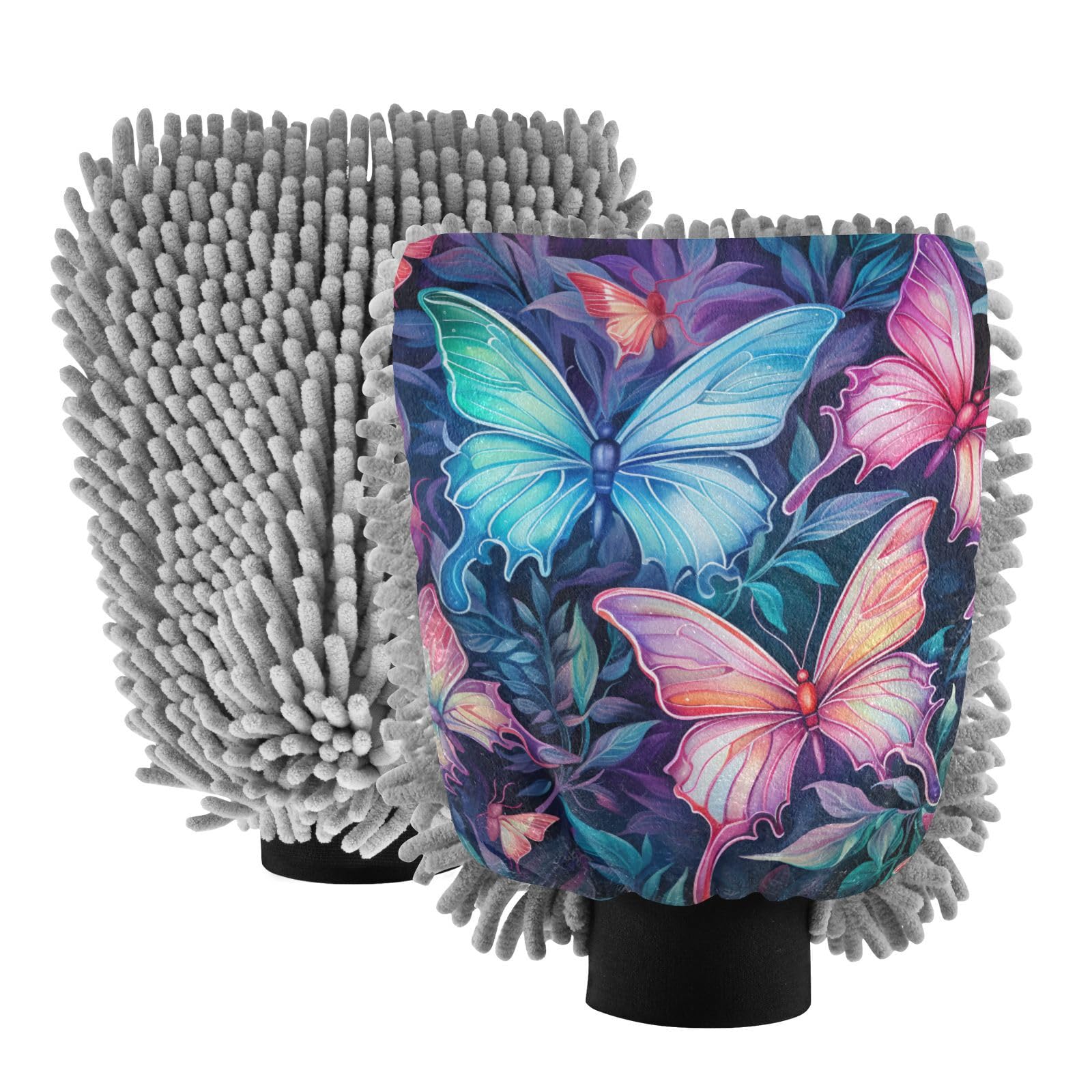 IOACIY Absorbent Microfiber Car Wash Drying Mitts, 2 Pack, Scratch-Free & Lint-Free, Rich Foam, Highly Absorbent, Double Sided, Wash Mitt Perfect for Car Washing, L, Butterfly (1)