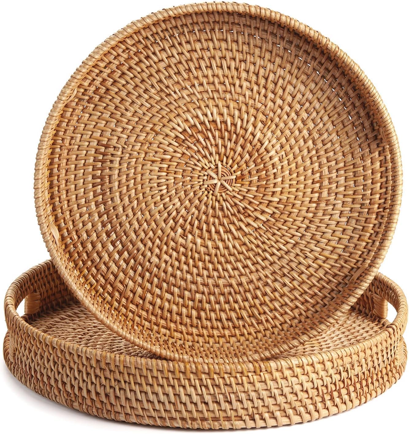 Round Rattan Tray, Hand Woven Serving Tray with Handles, Wicker Serving Basket, Decorative Tray for Home Decor, Natural (11.8 + 14 inch) - Image 2