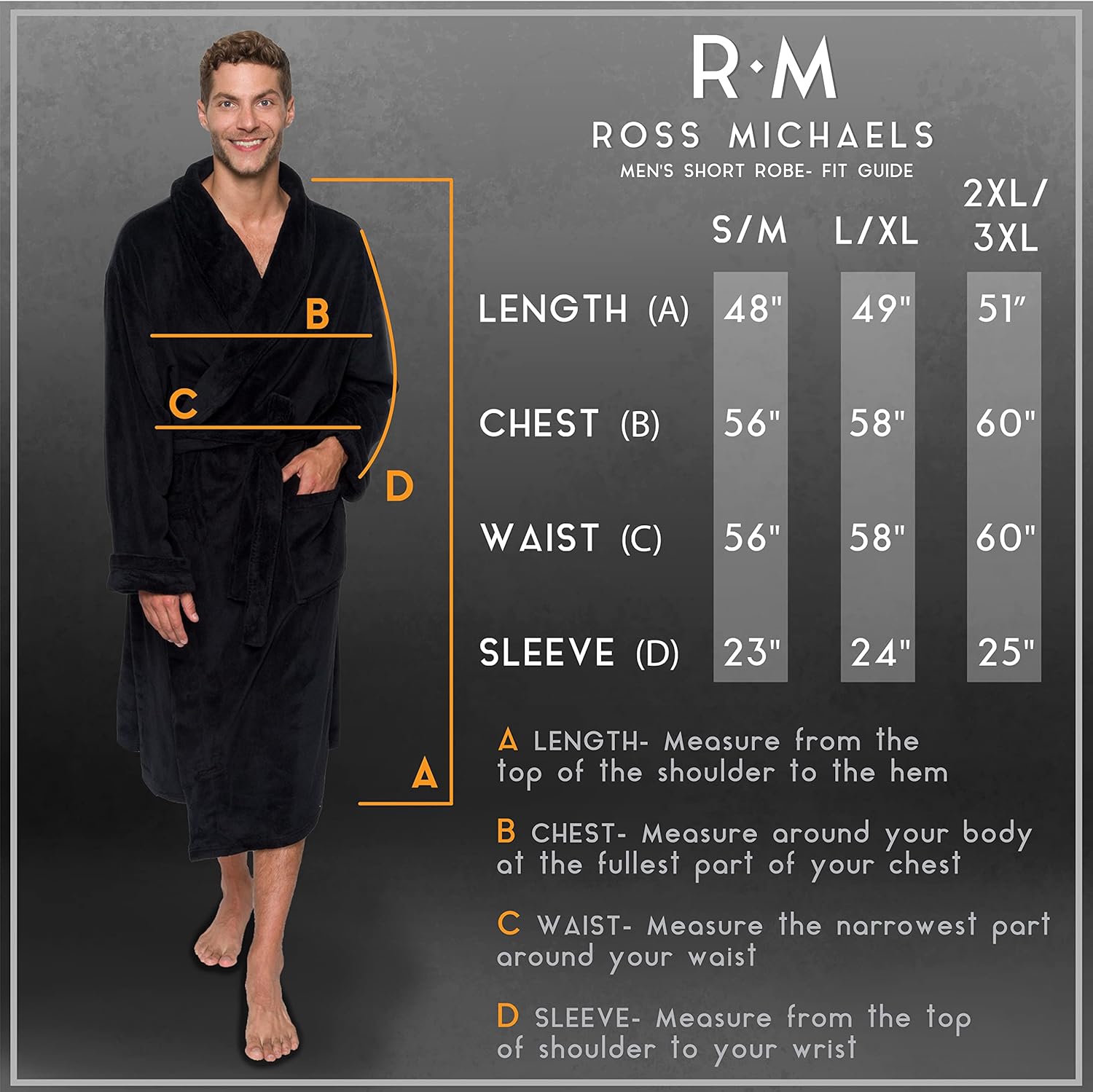 Ross Michaels Mens Robe Shawl Collar Wrap Style - Mid Length Plush Fleece Bathrobe (Jet Black, Small/Medium) - Image 3