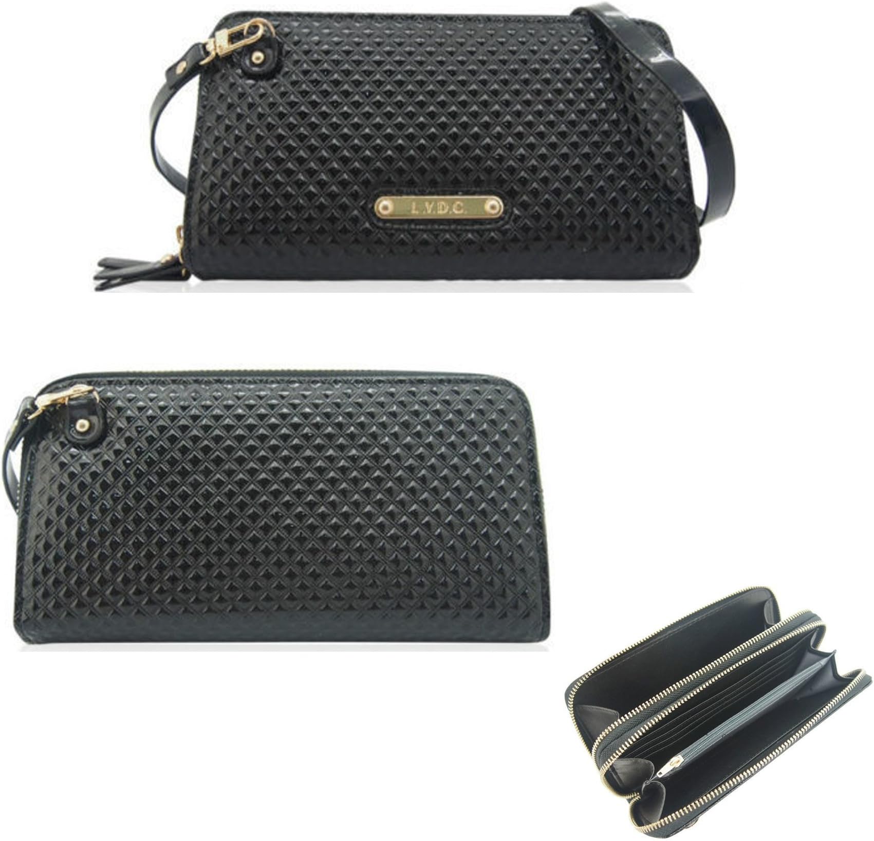 UKFS Collection LYDC Ladies Girls The Ive Holographic Diamond Cut Large Double Compartment PU Clutch/Purse/Wallet (Large, Ive - Black)