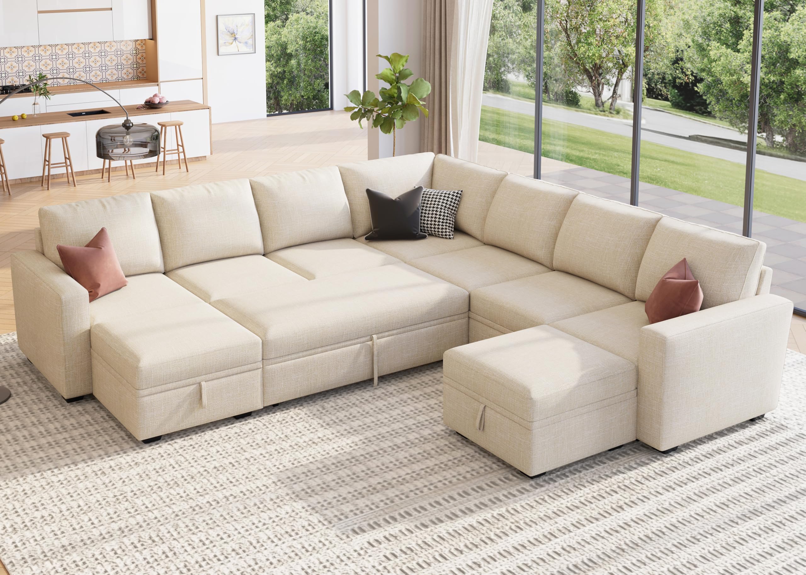 HONBAY Modular Sectional Sleeper Sofa with Pull Out Bed, L Shaped Couch with Storage Seat, Convertible Sectional Couches for Living Room, Beige — view 11