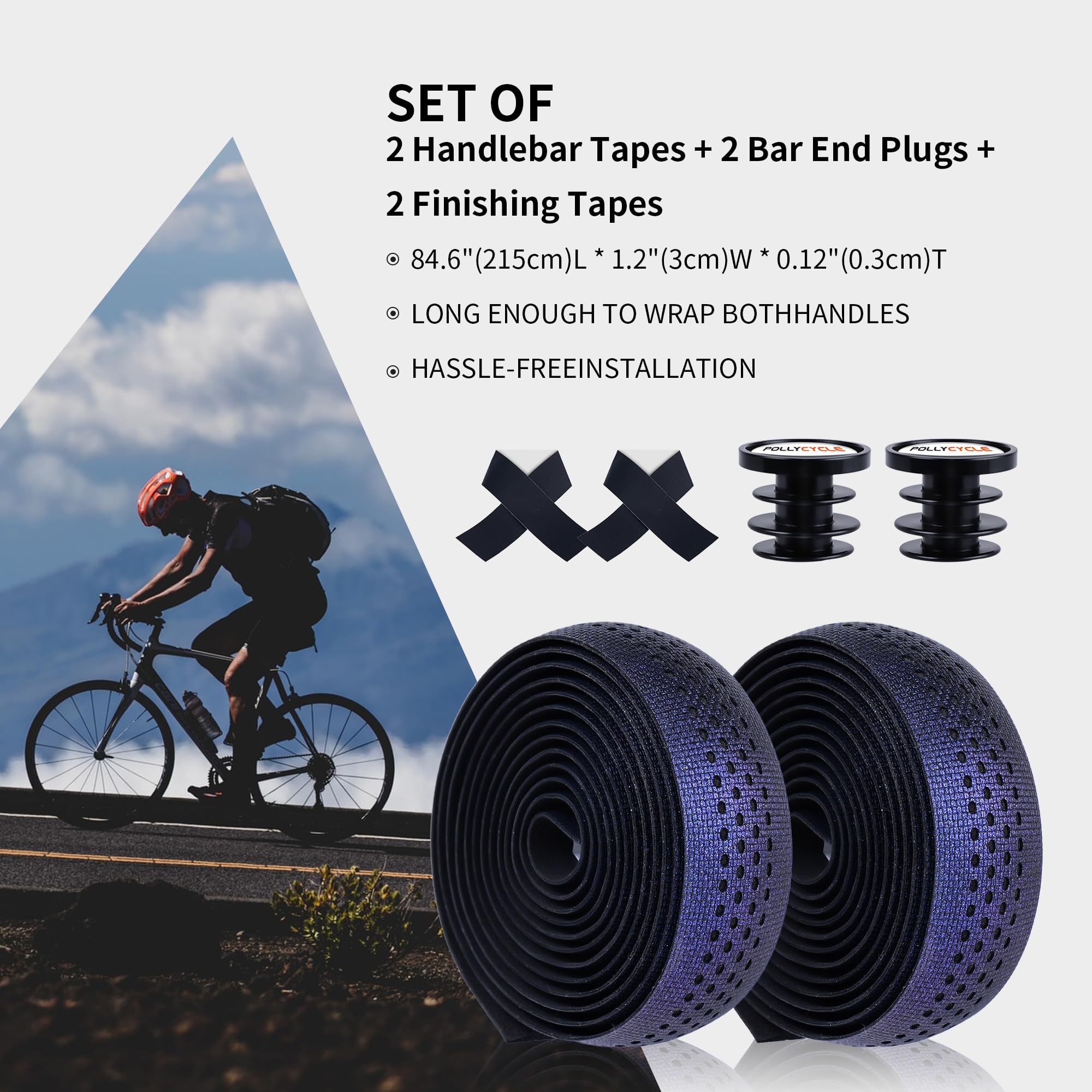 PollyCycle Non-Slip Stain-Resistant Bike Handlebar Tape – Shock Absorbing Silicone & EVA, Breathable Durable Grip for Road & Mountain Bikes (Chameleon Purple, Set of 2)