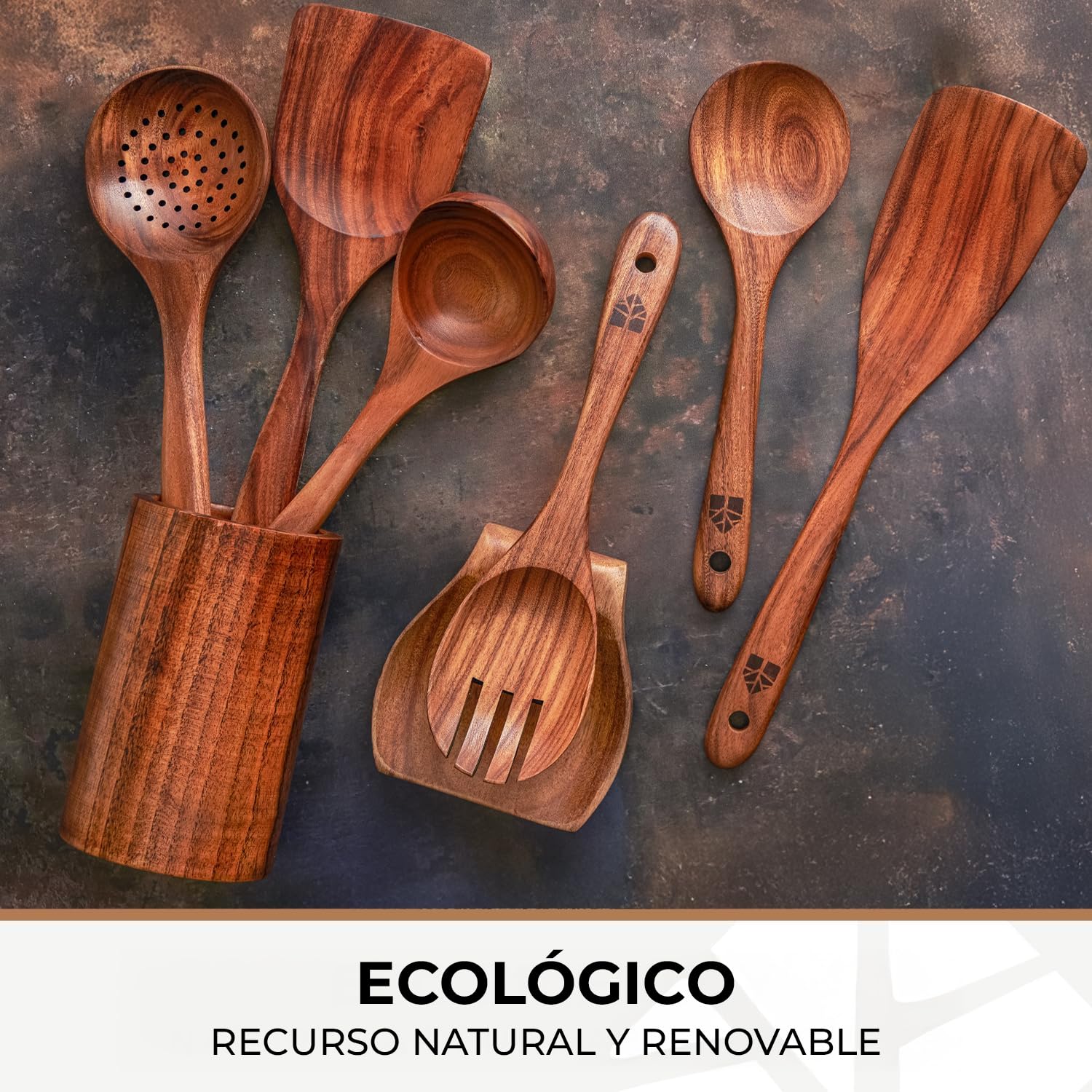 Utensilios de Cocina Madera 8 Pzs - Set de Espátulas y Cucharas de Madera, con Soporte, Reposacucharas y Ganchos. Antiarañazos. Accesorios Cocina con Agarre Cómodo para Sartenes Antiadherentes