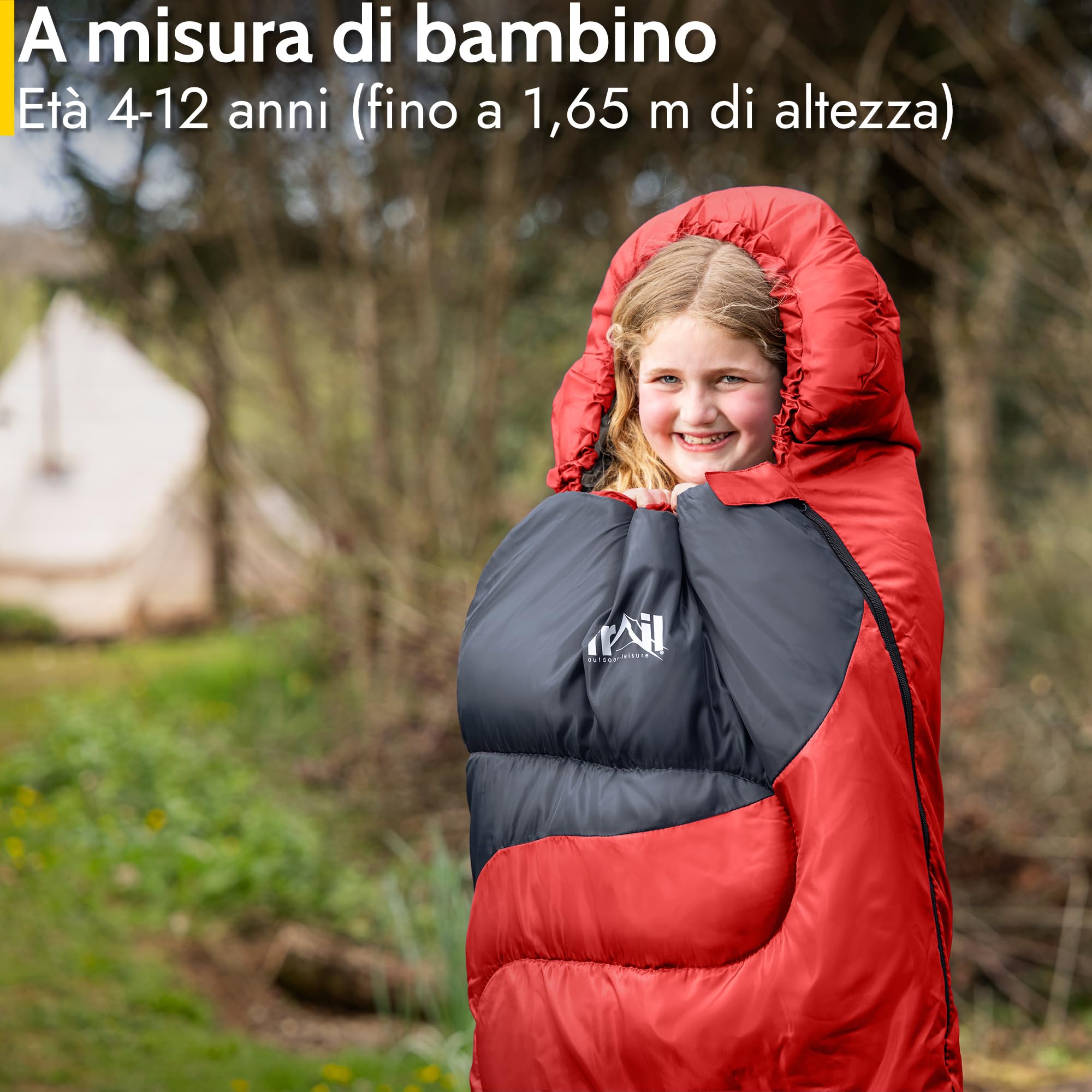 Trail Sacco a Pelo Bambini Stile Mummia 3 Stagioni 300 gsm Sacco a Pelo Leggero e Compatto per Bimbo e Bimba con Zainetto per Trasporto Incluso Accessori Campeggio