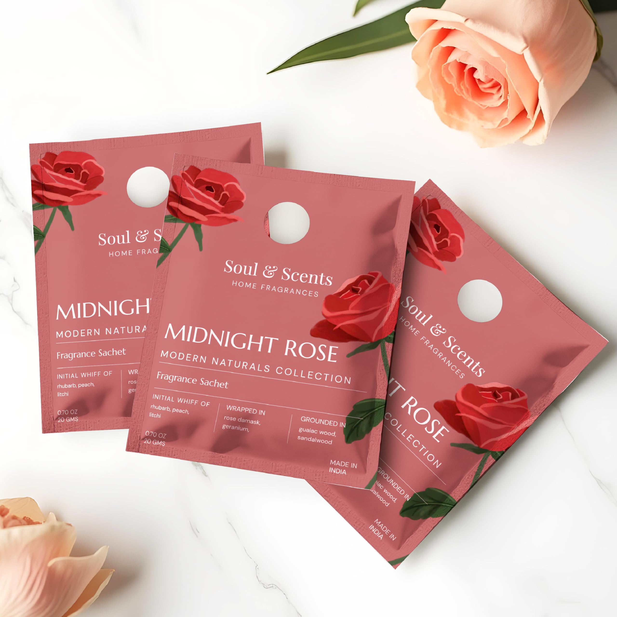 Soul & Scents Rose Fragrance Sachet | A Blend of Peach, Iris & Sandalwood | Long-Lasting Air Freshener for Car, Wardrobe, Kitchen, and Travel Bag | Pack of 3-20gm Each