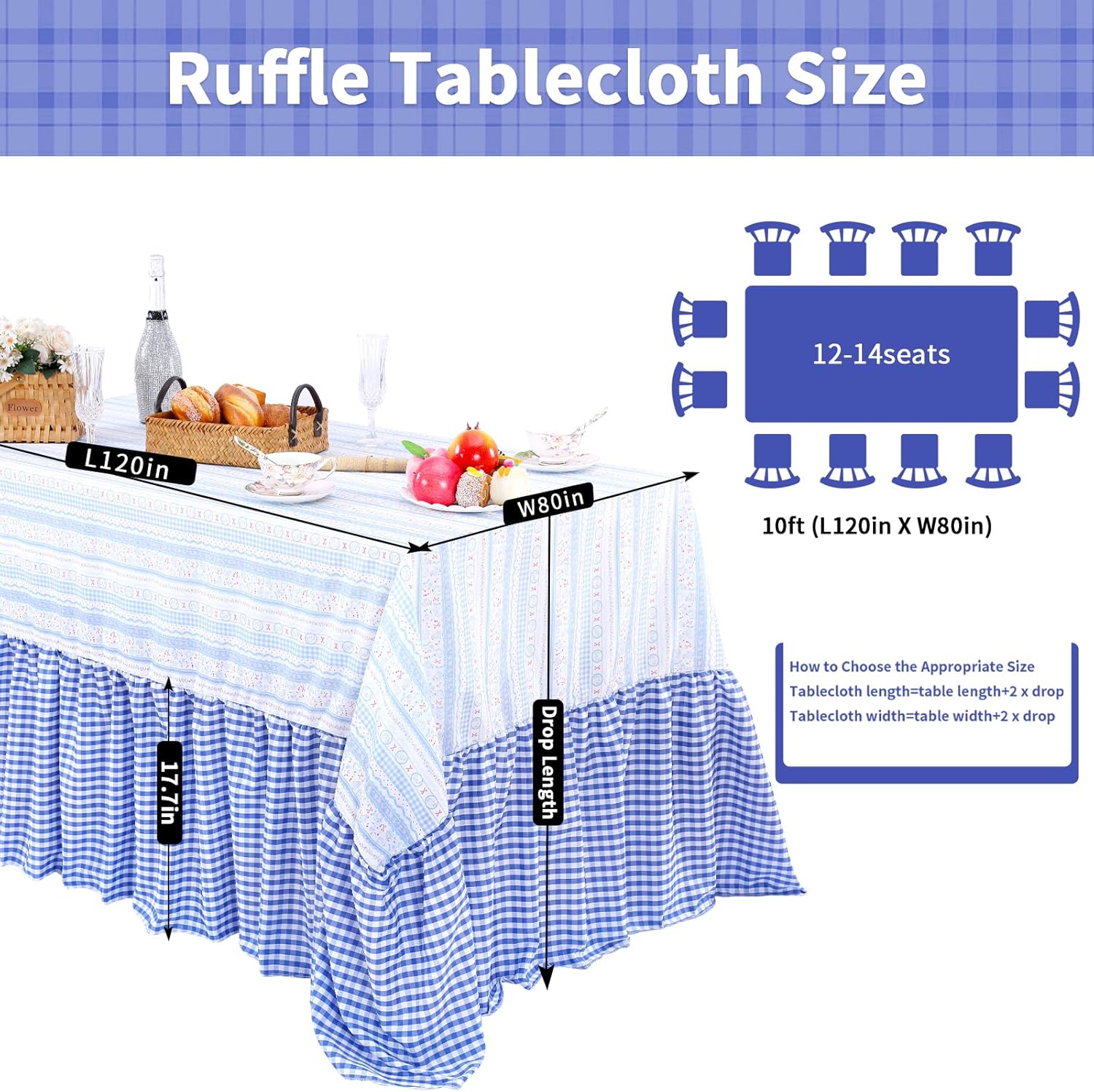 Easter Tablecloth Blue Rabbit Ruffle Table Cloth - 90 x 132 Inch Waterproof Tablecloths Rectangle Washable Polyester Bunny Flowers Table Cover for Birthday Wedding Dinner Picnic Party Decoration