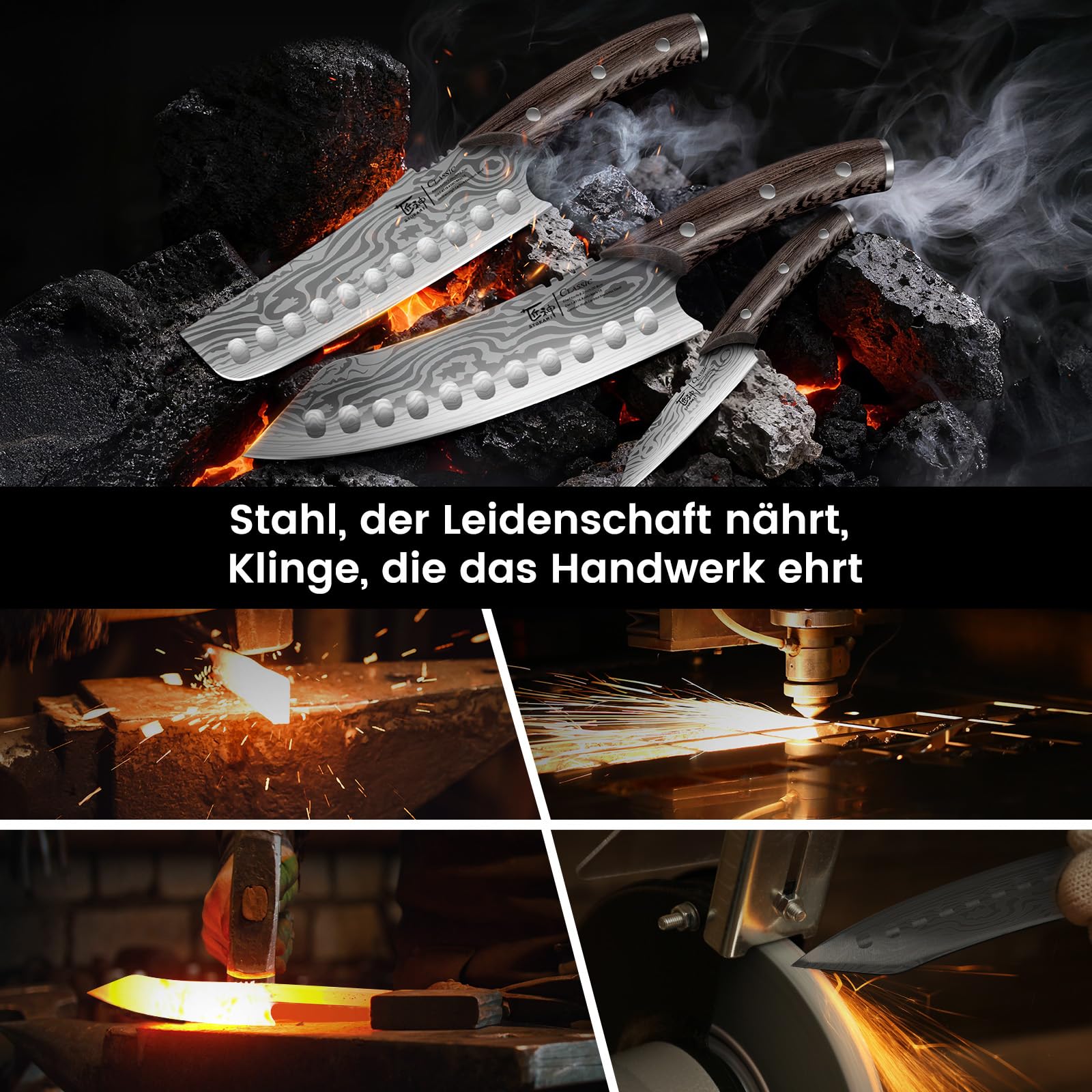 Küchenmesser Set, 3-teiliges japanisches Kochmesser Set (20,8 cm Kiritsuke, 18,3 cm Nakiri, 10,2 cm Schälmesser) für präzises Schneiden, Damastmuster, ergonomischer Holzgriff mit durchgehendem Erl
