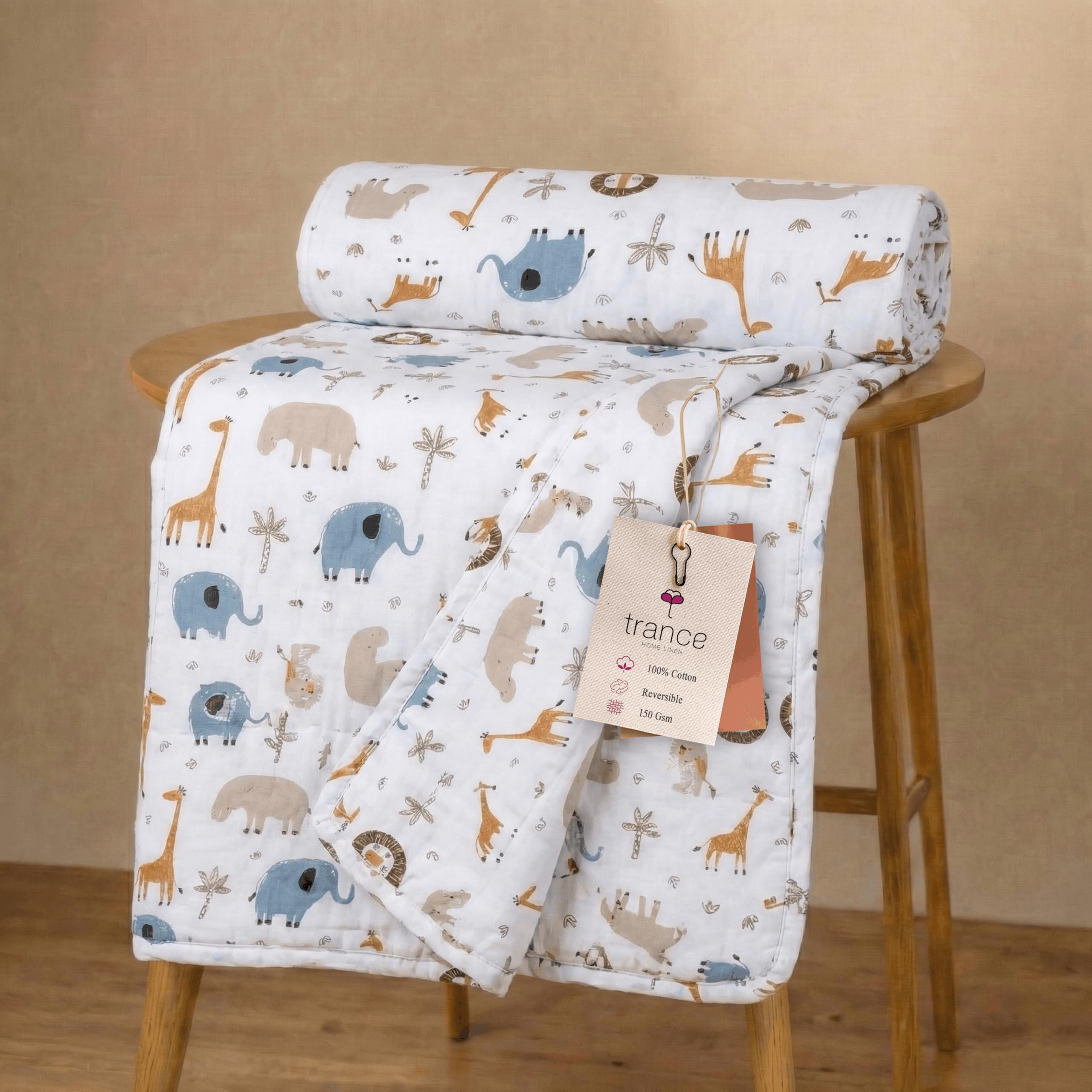 Trance Home Linen Pure Malmal Cotton Multipurpose Baby Dohar | 3-Layered Baby Swaddle | Soft -Lightweight Baby Blanket | Crib Blanket (Age : 0-2 Year - 140cm x 100 cm - Orange Giraffe)-picture-10