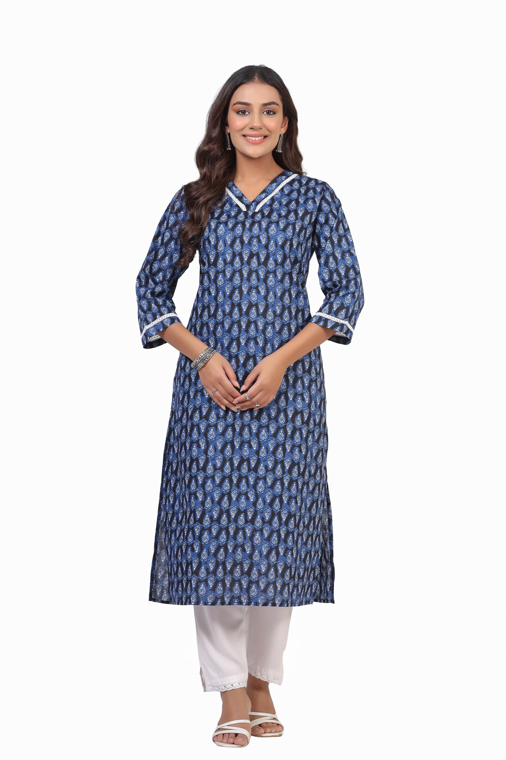 ichaa Women's Pure Cotton A-Line Ethnic V-Neck Kurta with 3/4th Sleeve for Daily and Office Wear, in Plus Sizes-picture-34