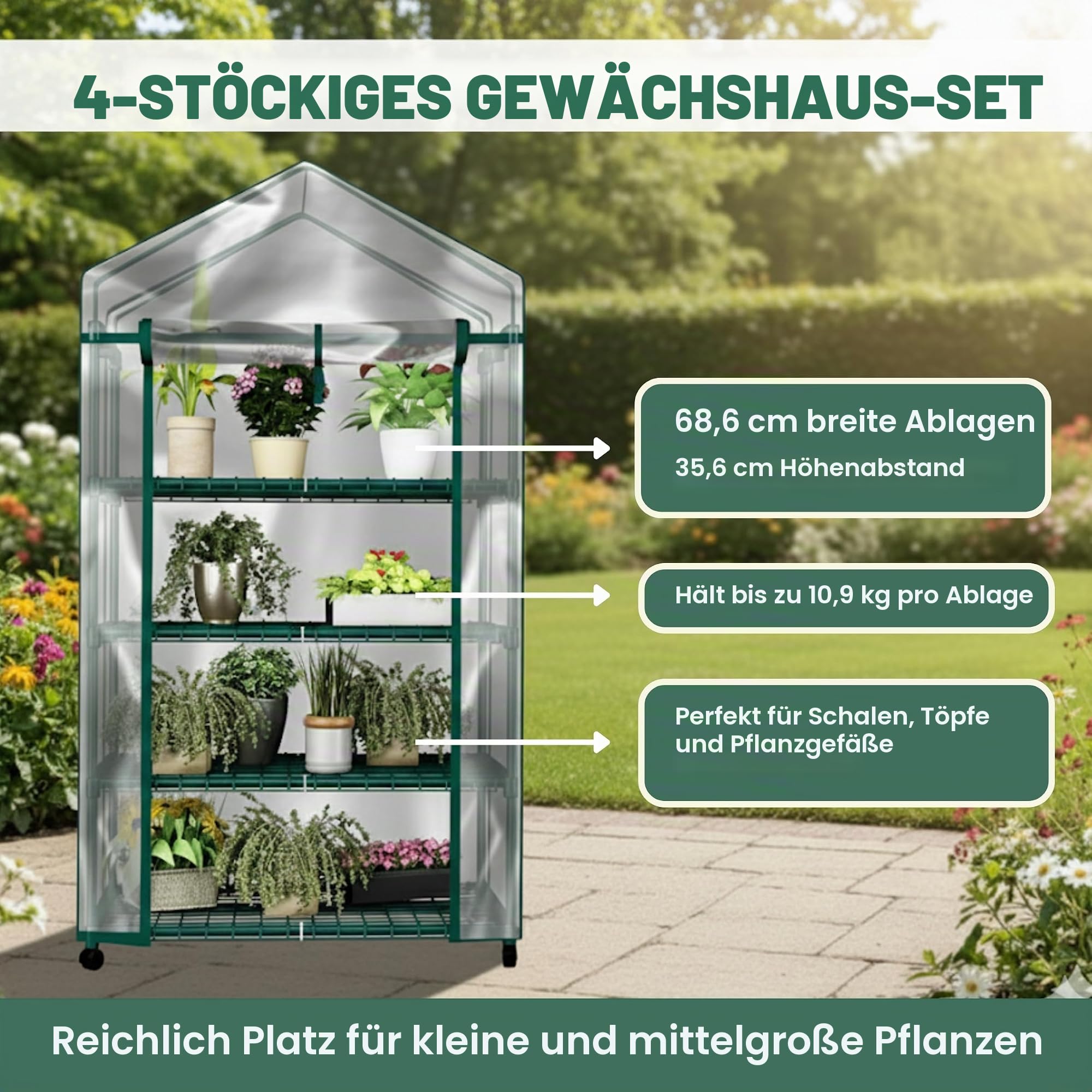 Mini-Gewächshaus mit 4 Ebenen, tragbares Gewächshaus mit feststellbaren Rädern und PVC-Abdeckung für drinnen und draußen, 68 x 48 x 160 cm, Gewächshaus von Home-Complete