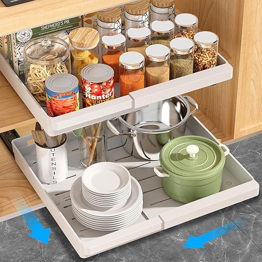 2 Pack Pull Out Cabinet Organizers Expandable (11.6''-17.5''), Slide Out Drawers for Kitchen, Bathroom, Pantry, Under Sink Storage, Pull Out Drawers Fixed with Adhesive Nano Film (White)