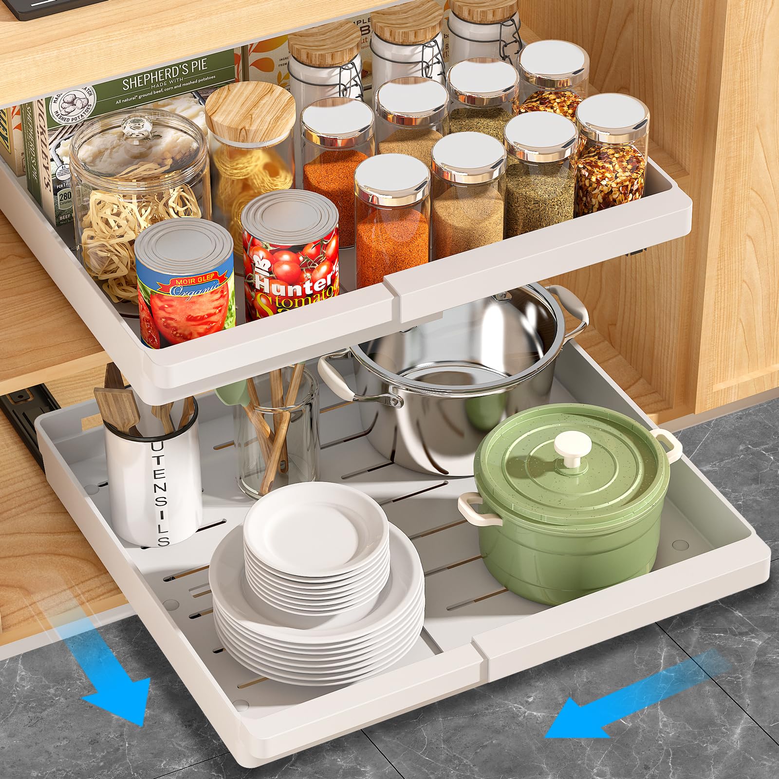 Photo 1 of DOMNIU 2 Pack Pull Out Cabinet Organizers Expandable, Plastic Slide Out Drawers for Kitchen, Bathroom, Pantry, Under Sink Storage, Pull Out Drawers Fixed with Adhesive Nano Film (White, 11.6''-17.5'')