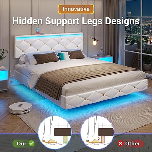 Miniatura 13 de Hasuit Base de cama flotante tamaño Queen con luces LED y estación de carga, moderna cama de plataforma Queen con cabecera tapizada de cuero vegano,