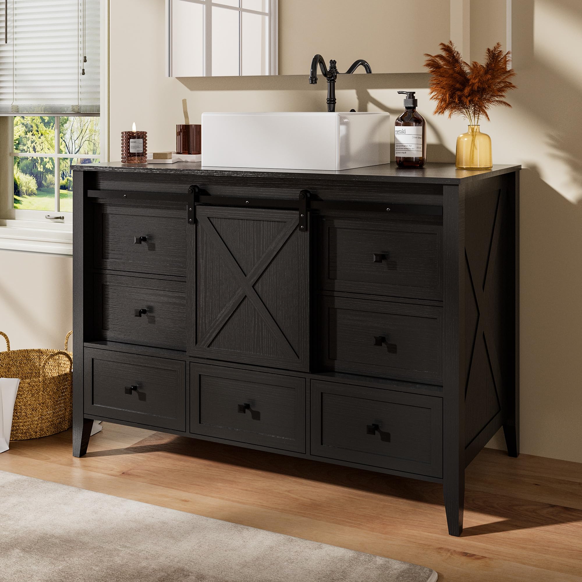 VNN 48 Inch Bathroom Vanity with Sink Ceramic, Black Wood Grain