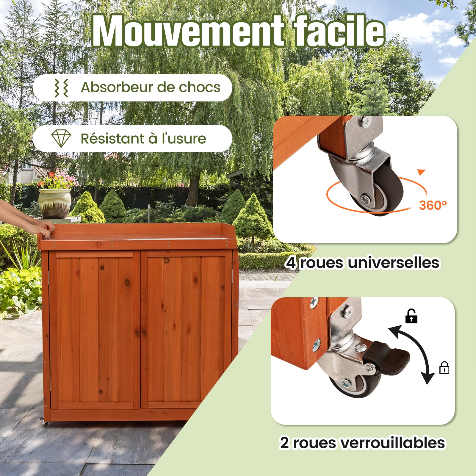COSTWAY Armoire de Jardin en Bois Extérieur 2 en 1, Table de Jardinage avec Porte, Etagère Amovible et 4 Roues Universelles Plateau en Acier Galvanisé pour Cour, Jardin