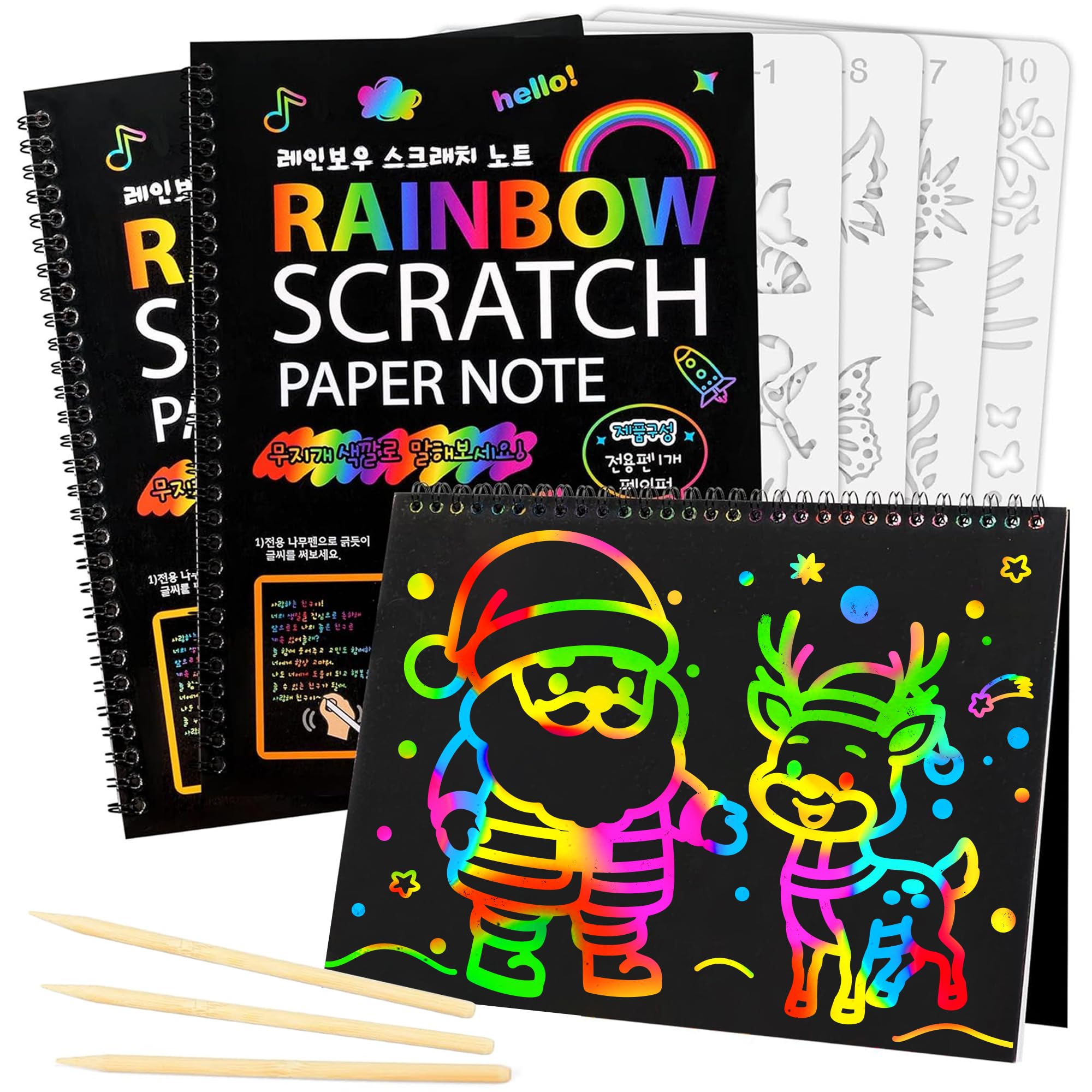 Mocoosy 3 Pack Rainbow Scratch Art Paper Notebooks, Spiral Bound Magic Scratch Pads for Kids Arts Crafts Supplies, Black Sketch Note Coloring Activity Book Christmas Stocking Stuffers Boys Girls Gifts