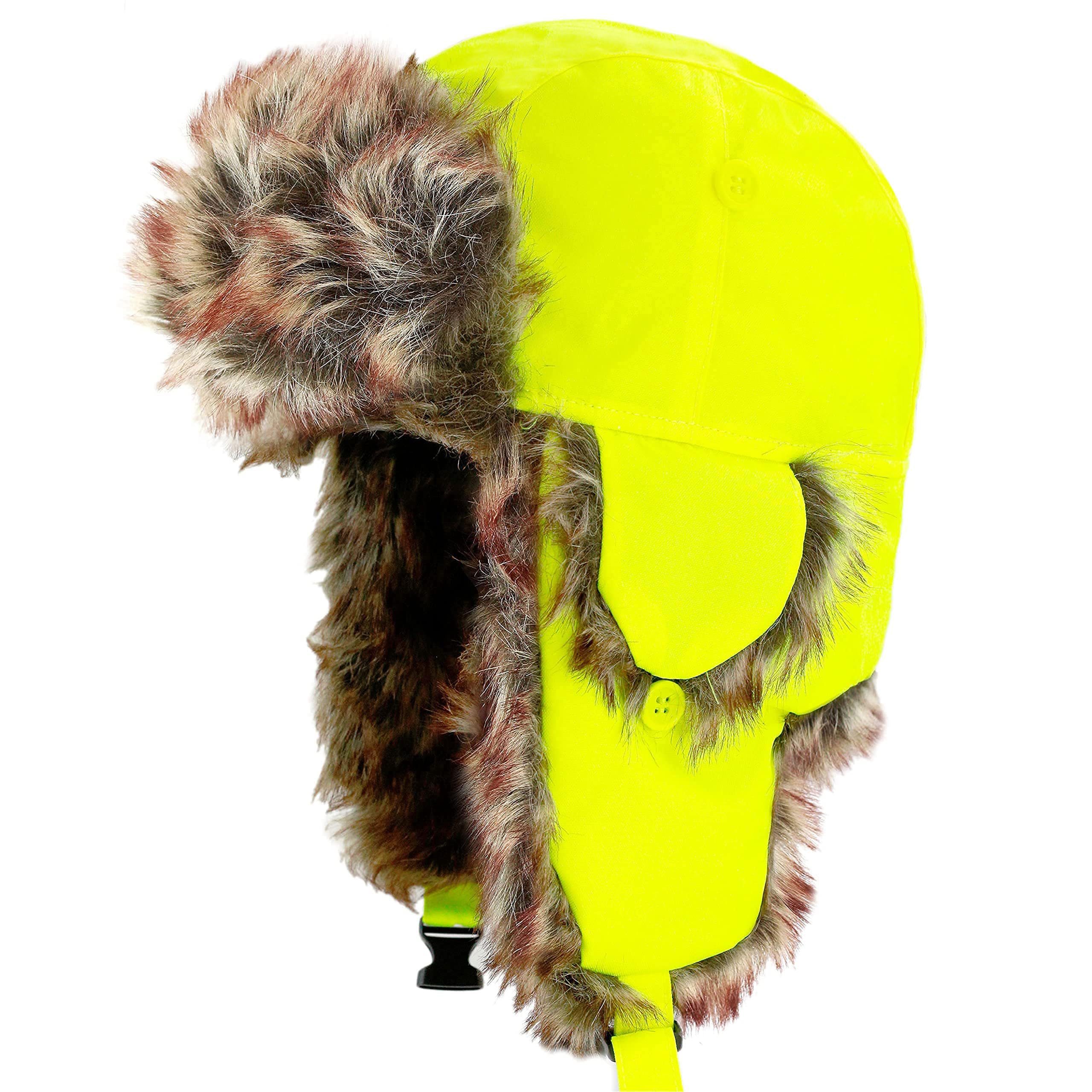 Faux Fur Safety Reflective Plain Plaid Aviator Trapper Hat Snow Ski Trooper Winter Cap