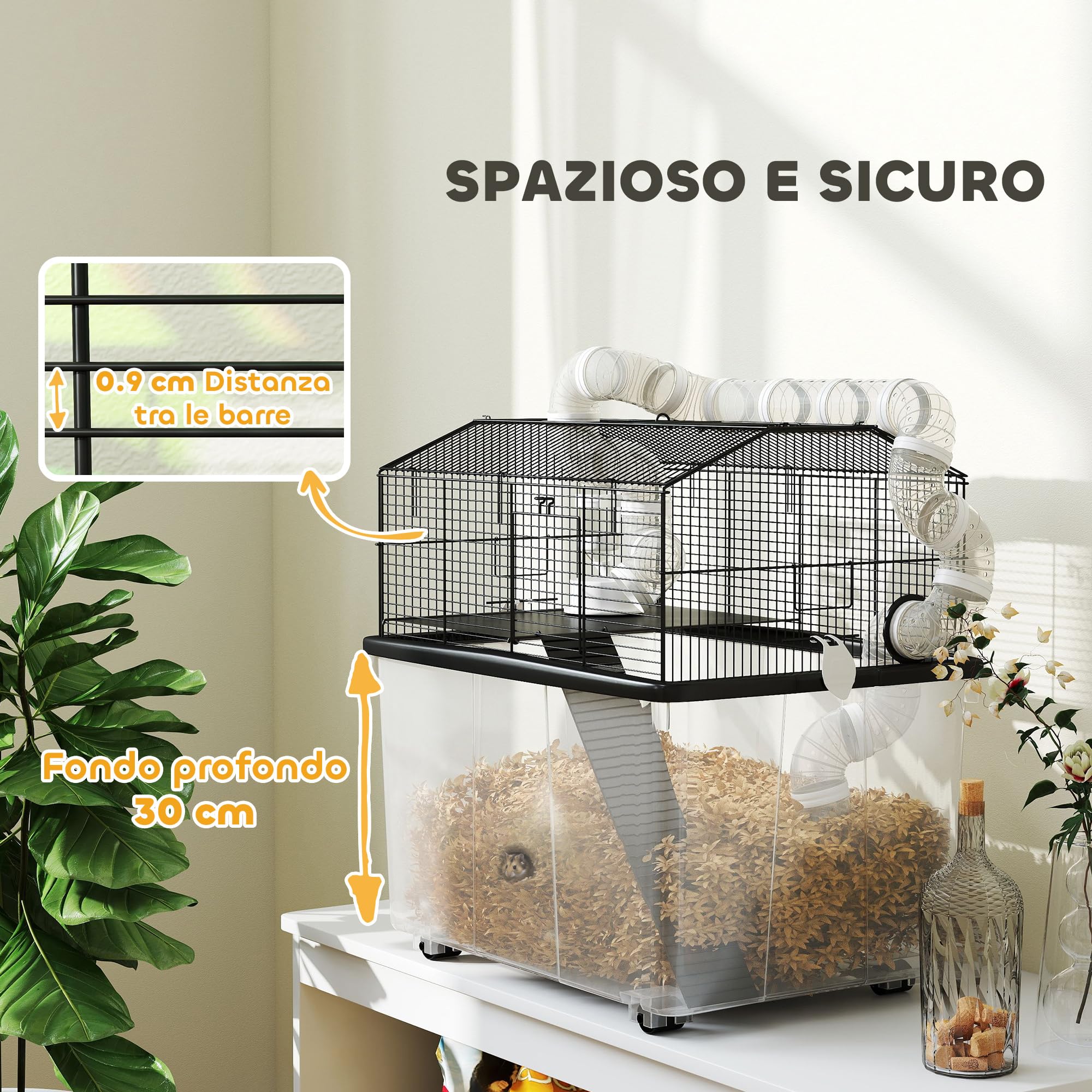 PawHut Gabbia per Criceti a 2 Livelli Base Profonda 31 cm 58x43x57 cm Nero | Casetta per Gerbilli, Ruote, Tubi, Ciotola, Bottiglia, Rampa