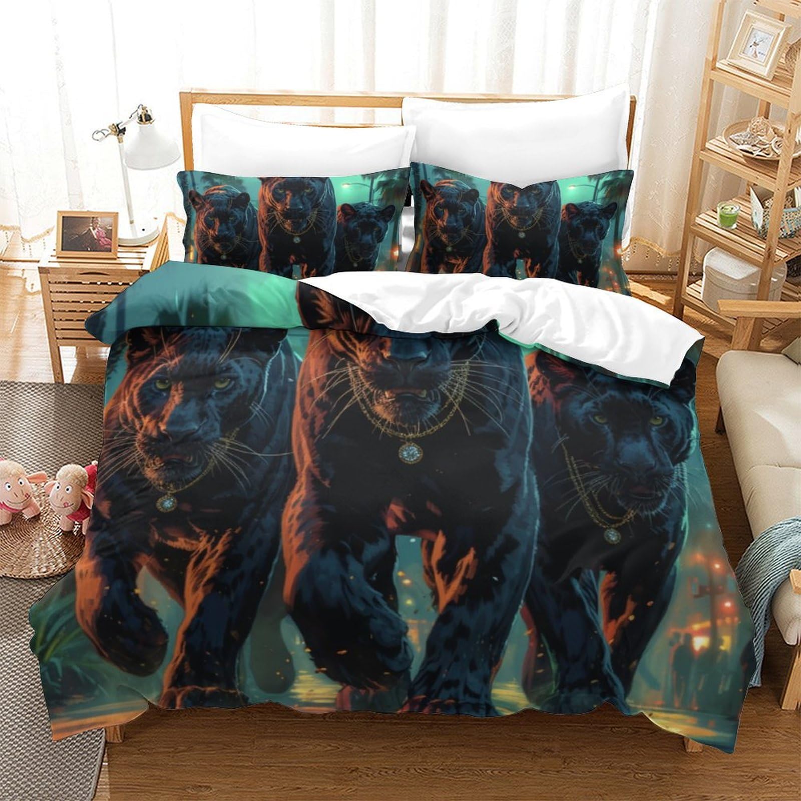 Housse de couette léopard 3D grand format 260x220 cm avec drap microglide et fermeture zippée