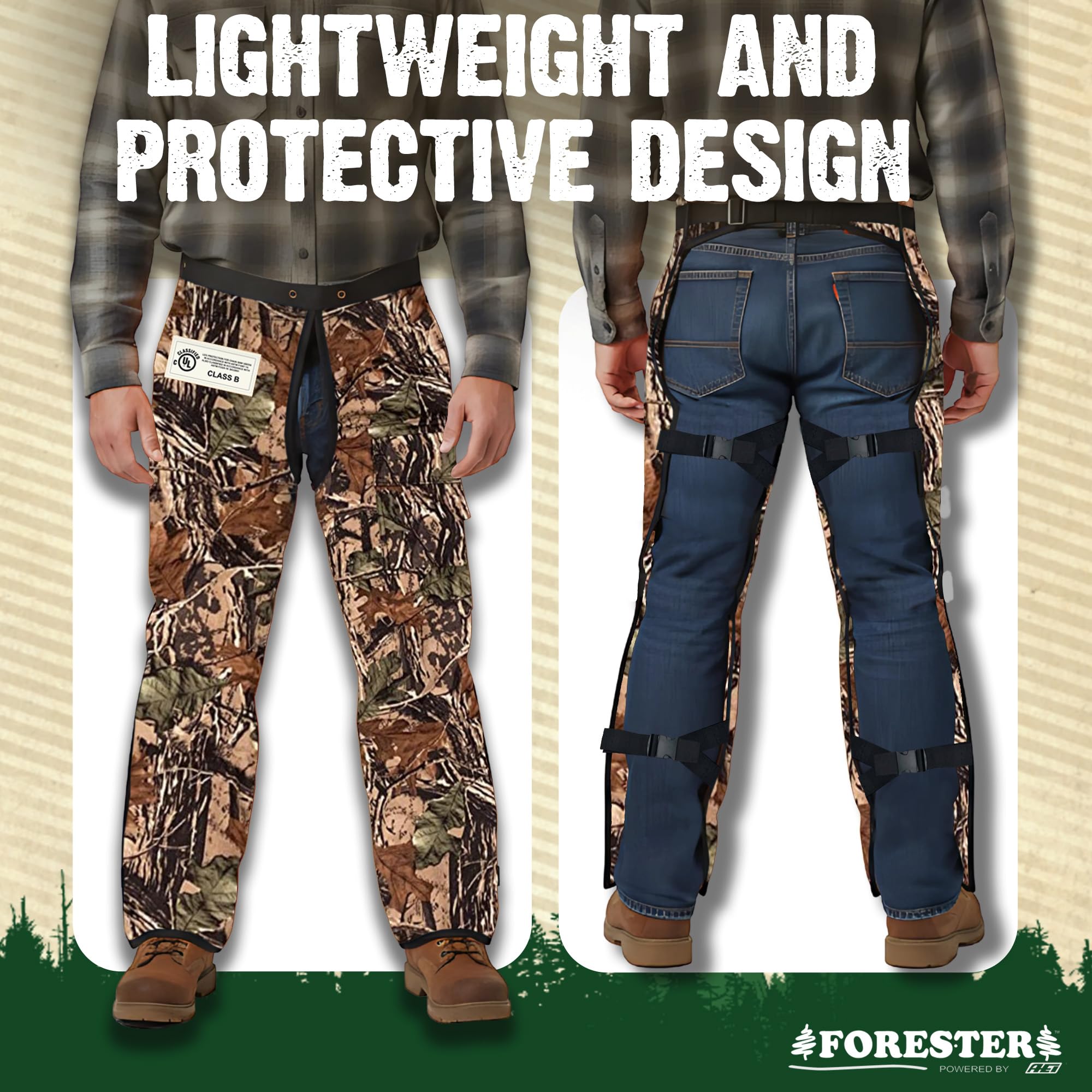 FORESTER Kettensägen-Chaps – Forstwirtschaftliche Kettensägen-Sicherheitsausrüstung, robuste Schürzen-Stil, Chap Hose mit verstellbarem Gürtel und Tasche