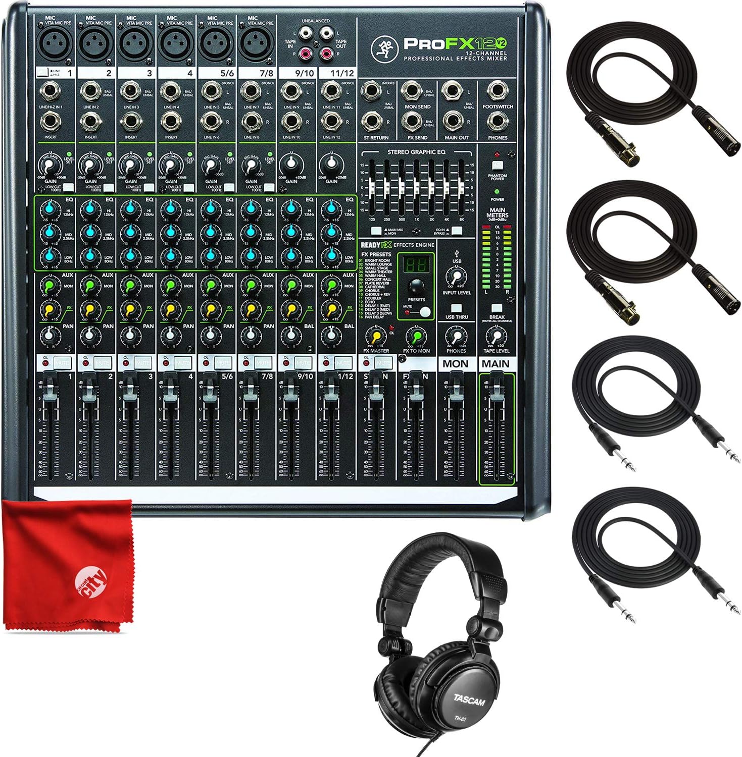 Mackie PROFX12V2 12-Channel Mixer with USB and Effects Bundle Including Tascam TH-01 Headphones + 2X TRS Cables + 2X XLR Cables + Microfiber Cleaning Cloth