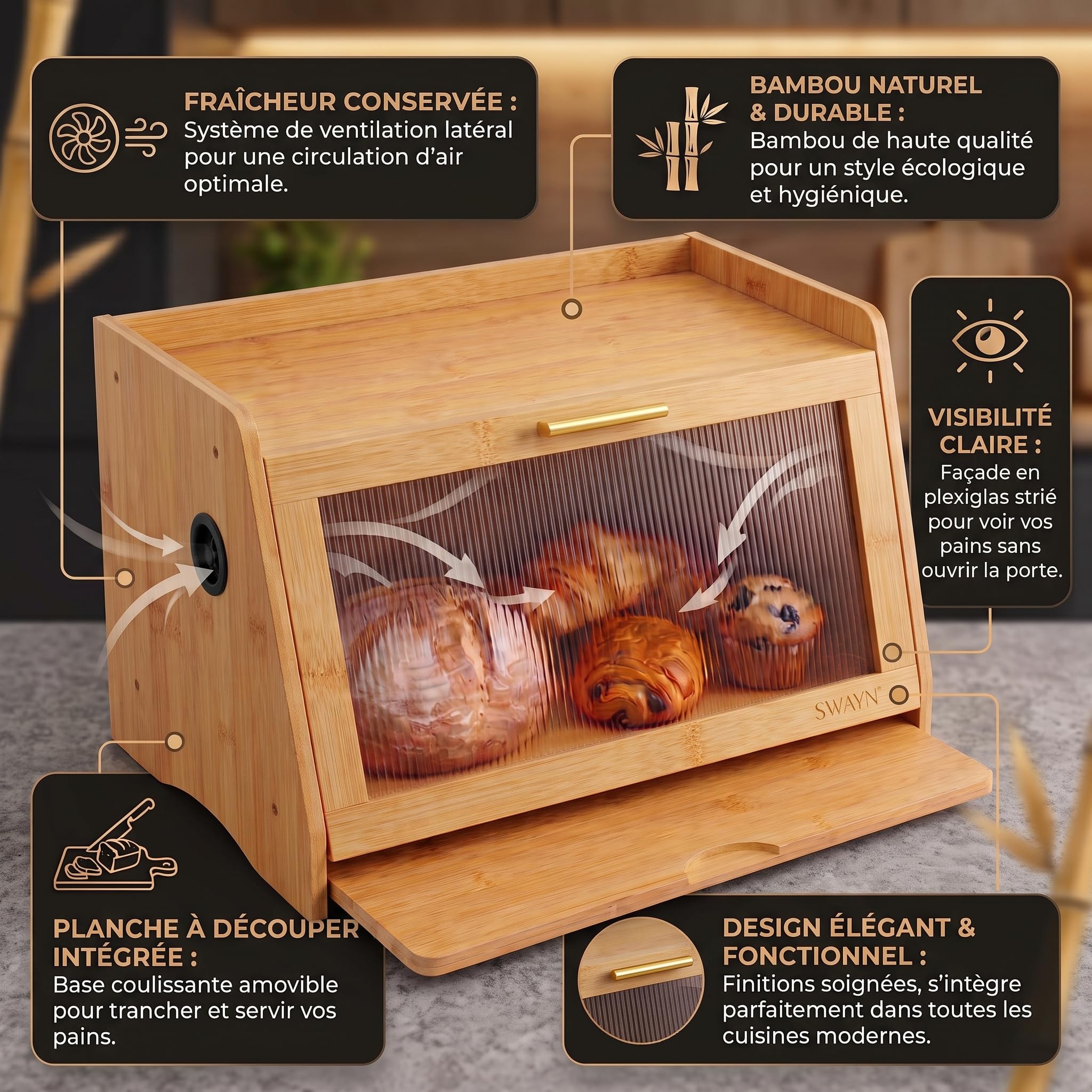 SWAYN - Caja de pan de bambú con 1 compartimento con sistema de ventilación (natural)