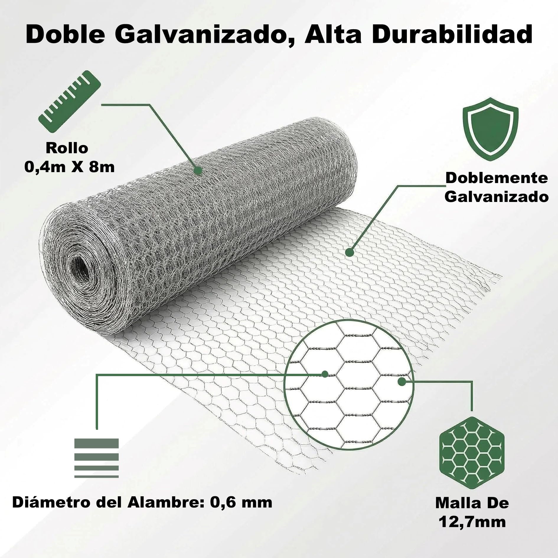 Malla Metálica Hexagonal Galvanizada 12.7mm |Rollo 40cm Alto x 8m Largo | Alambre de Acero para Malla Gallinero y Vallas Metálicas | Plata Súper Resistente