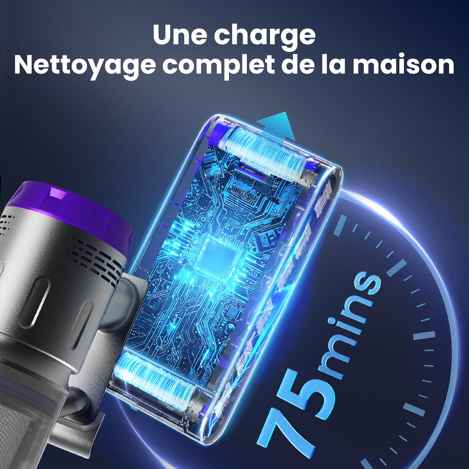 Aspirateur Balai sans Fil 600W/58000Pa/75min, Aspirateur sans Fil Puissant avec Mini Brosse Turbo Anti-Acariens, Tube Pliabl, Brosse Anti-emmêlement, pour Tapis, Sols Durs, Poils d'animaux