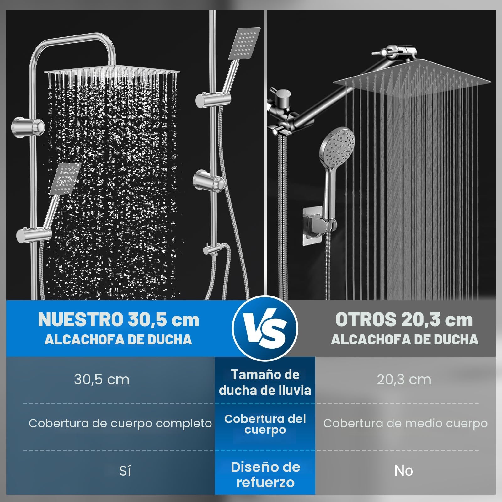 Columna Ducha Completa sin Mezclador, Duchas de Baño Columna en Acero Inoxidable, Cromado con Cabezal de Lluvia 30x30 cm y Soporte Ajustable