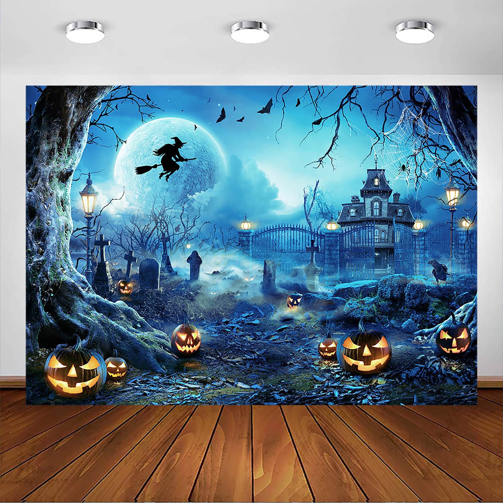 Avezano Tło fotograficzne na Halloween, straszna dynia, cmentarz, pełnia księżyca, nocne tło dla dzieci, magiczna czarownica, czarownica, nagrobek, dekoracja na imprezę, baner, sesja zdjęciowa,